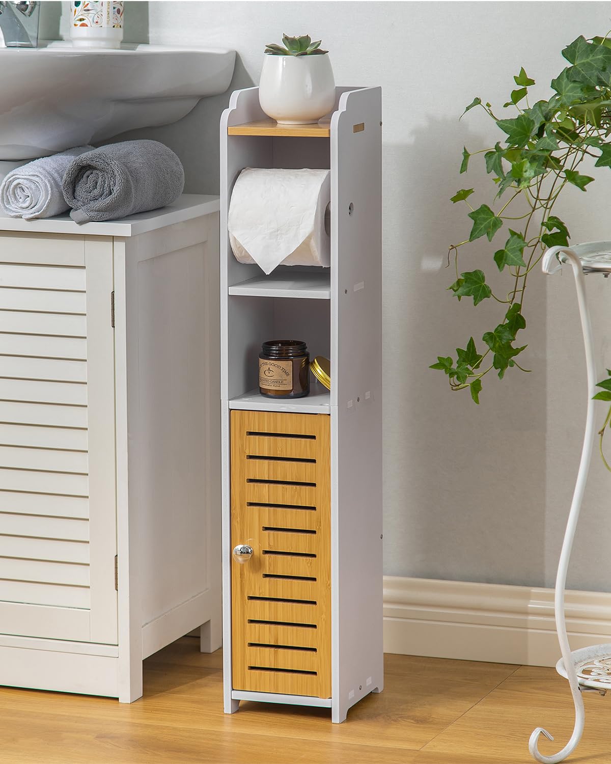 AOJEZOR Toilet Paper Holder Stand: Small Bathroom Storage Cabinet- White&Bamboo