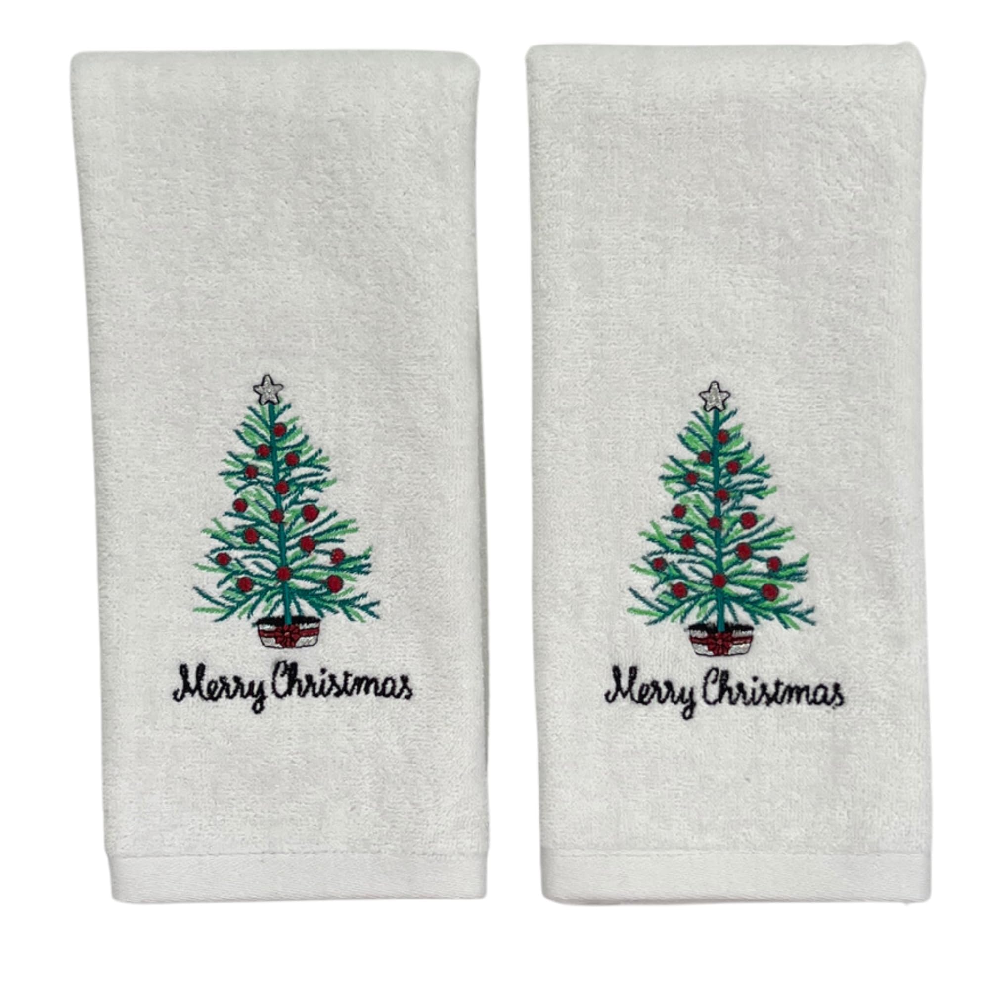 Luxury Winter Holiday Christmas Bath Kitchen Hand Towel Set: Decorated White Rustic Christmas Tree, Merry Christmas Motif, Velou