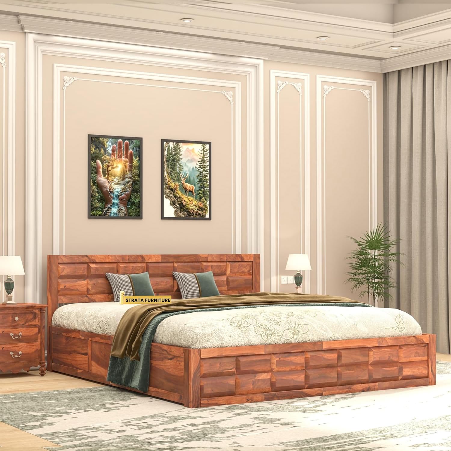 Strata Furniture Solid Sheesham Wood King Size Bed With Box Storage | Wooden Double Bed Cot Palang Furniture For Bedroom Living 