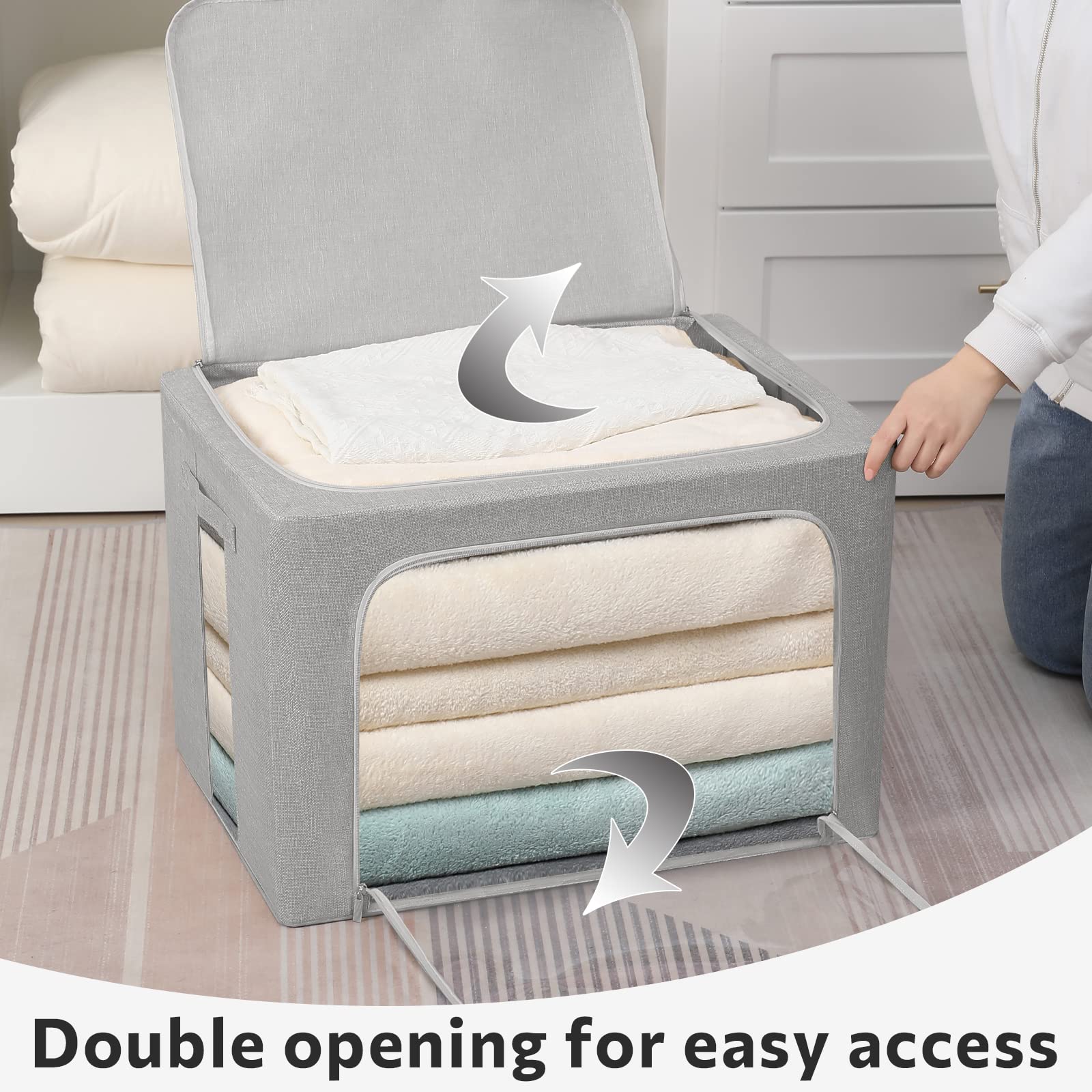 2 Pack Clear Window Storage Bins - Stackable Linen Fabric Storage for Clothes - Foldable Box Organizer Set with Carrying Handles