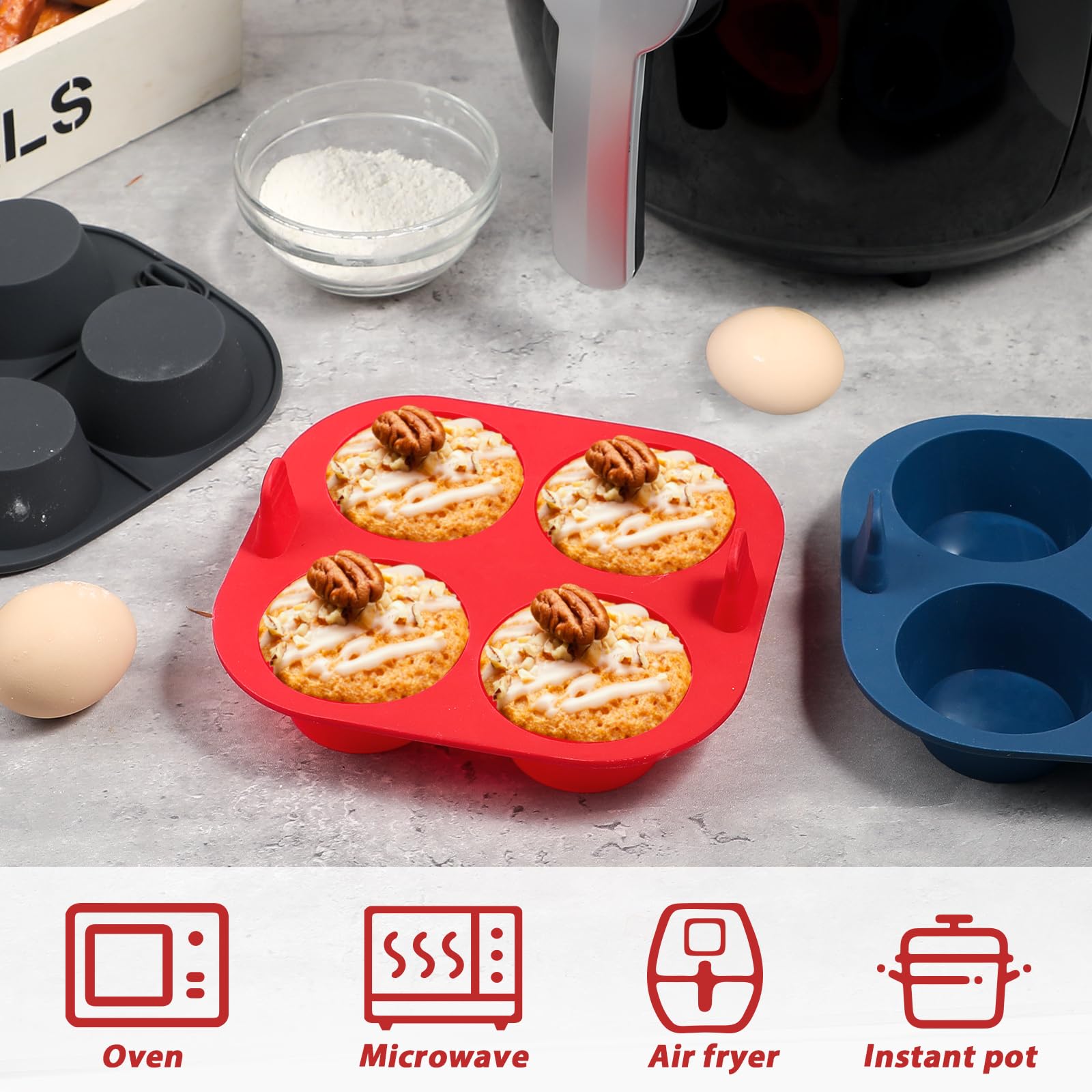 Webake 3Pcs Silicone Air Fryer Muffin Pan For Baking 4 Cavity Air Fryer Cupcake Pans Non Stick Food Grade And Bpa Free Muffin Ti
