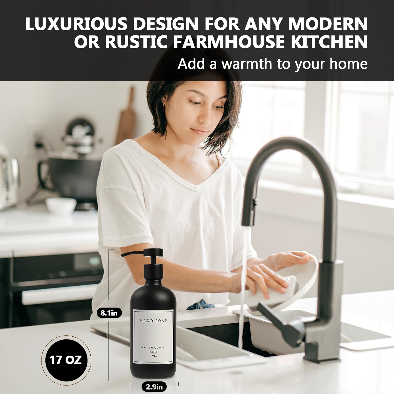 Black Soap Dispenser - Hand Soap Dispenser, Kitchen Dish Soap Dispenser, Glass Bathroom Soap Dispenser With Pump Tray, Dishwashi