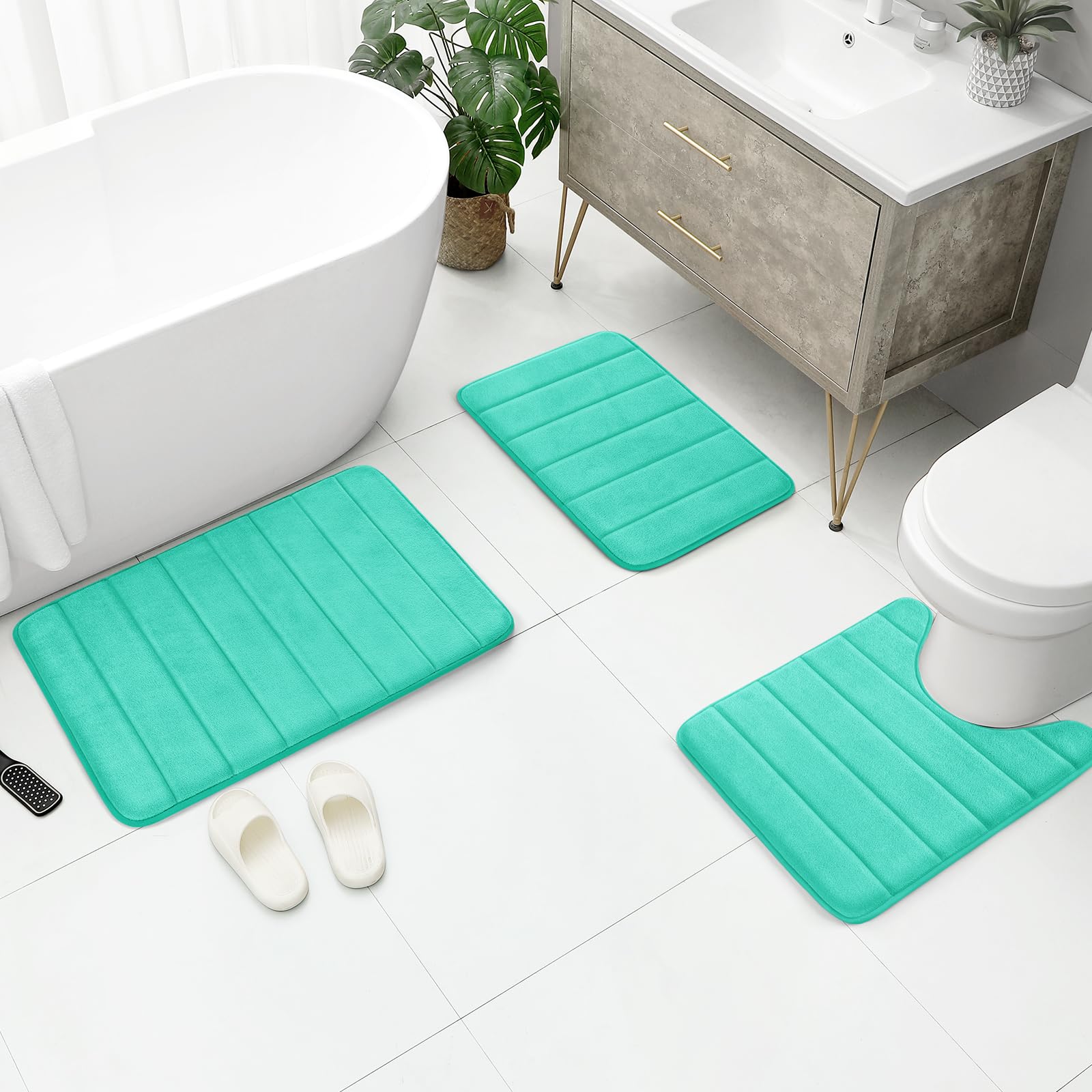 BYSURE Teal Memory Foam Bathroom Rug Set 3 Piece Non-Slip Extra Absorbent Bathroom Mats and Rugs Sets  Soft & Dry Bath Mat Sets for Bathroom Floor Washable Carpets Set