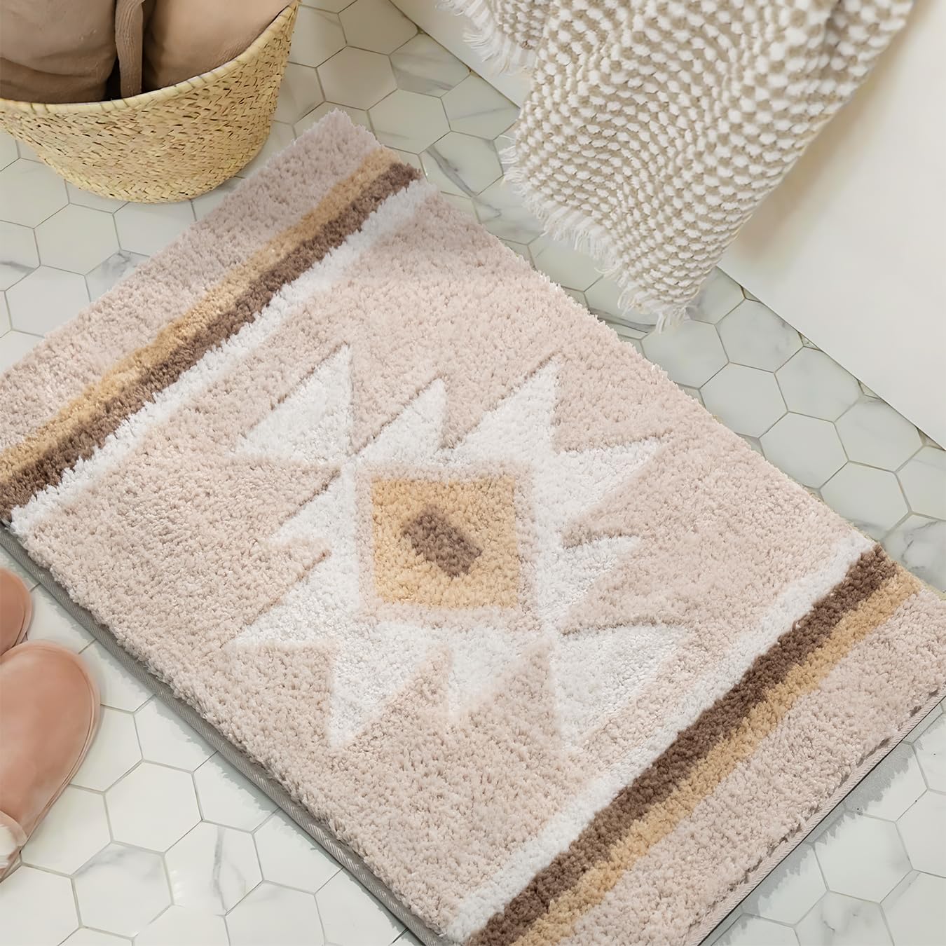 Tanvill Bathroom Rugs Beige Boho Bath Mat Non Slip, Soft Absorbent Microfiber Washable Bath Rug Floor Mat For Bathroom Shower Tu