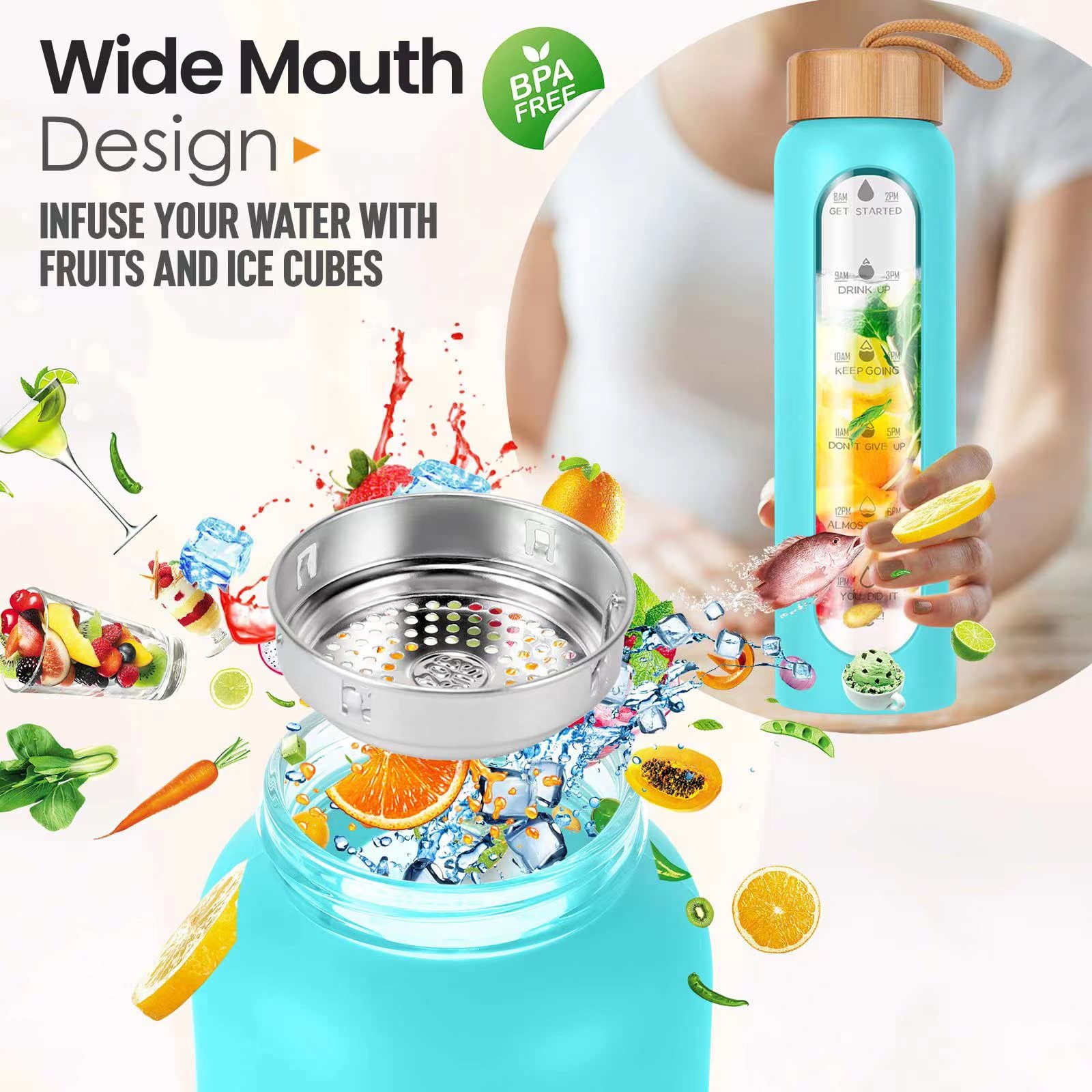 Aqulea 32 Oz Glass Water Bottle With Times To Drink - Bpa Free Reusable Wide Mouth Glass Motivational Water Bottles With Infuser