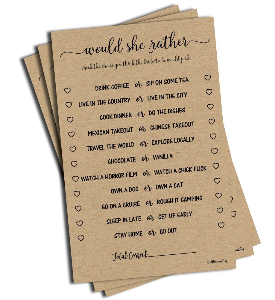 Would She Rather Game - Kraft (50-Sheets) Rustic Bridal Wedding Shower Or Bachelorette Party Game, Printed Engagement Rehearsal