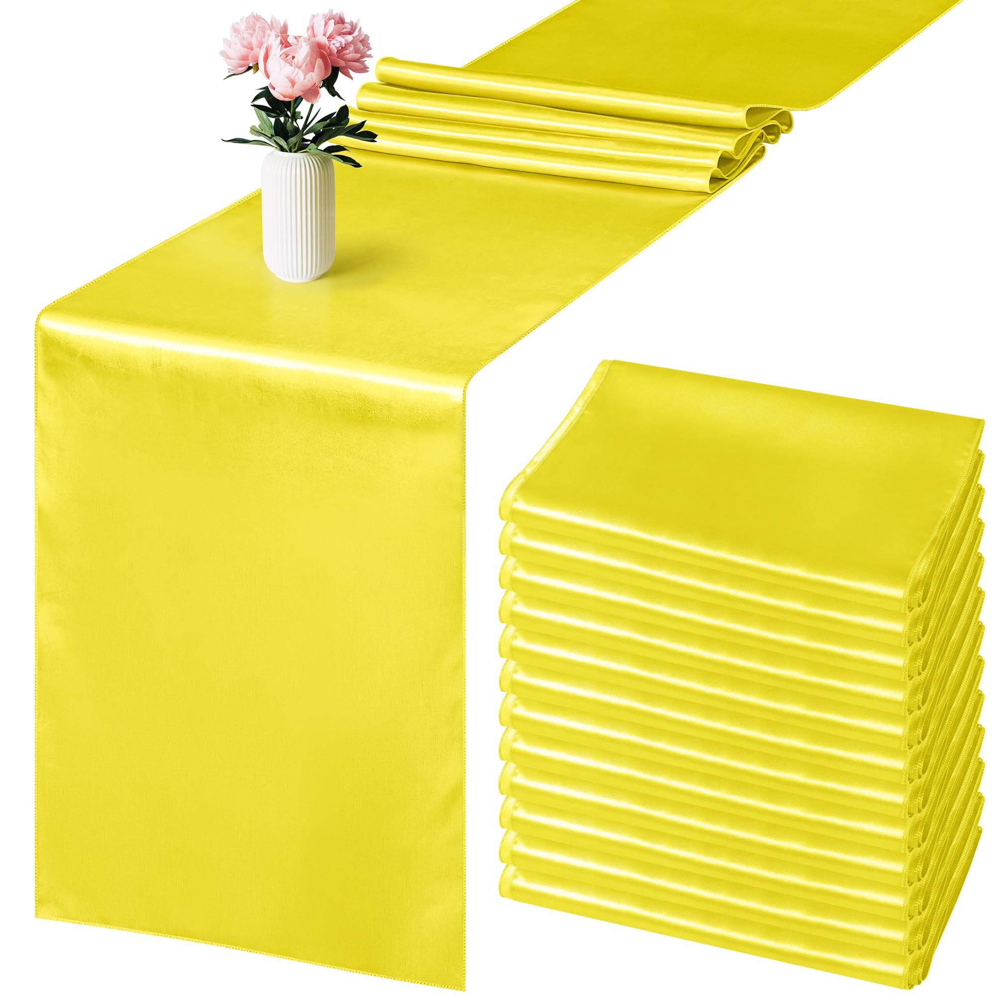 Aneco 12 Pack Satin Table Runner 12 X 108 Inch Yellow Long Wedding Satin Silk Table Runner For Wedding Banquet Graduations Birth