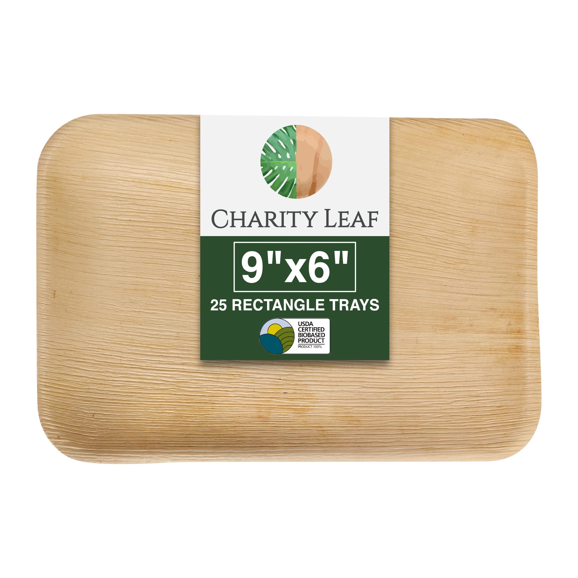 Charity Leaf Eco-Friendly Palm Leaf Trays - 9''X6'' (25-Pack) | Elegant Bamboo-Inspired Platters | Premium Quality, Biodegradabl