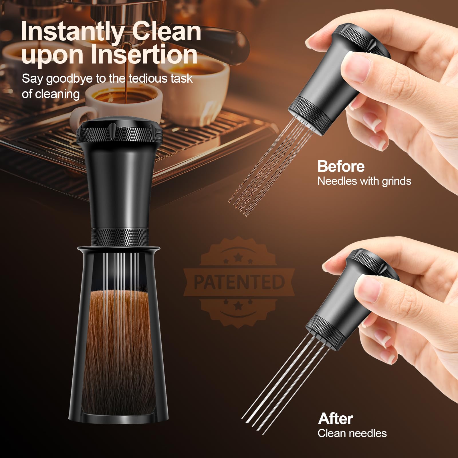 NESSUS WDT Espresso Distribution Tool - Aluminum Handle, 0.35mm Needles, Built-in Cleaning Brush, Black, Model WDTNE01
