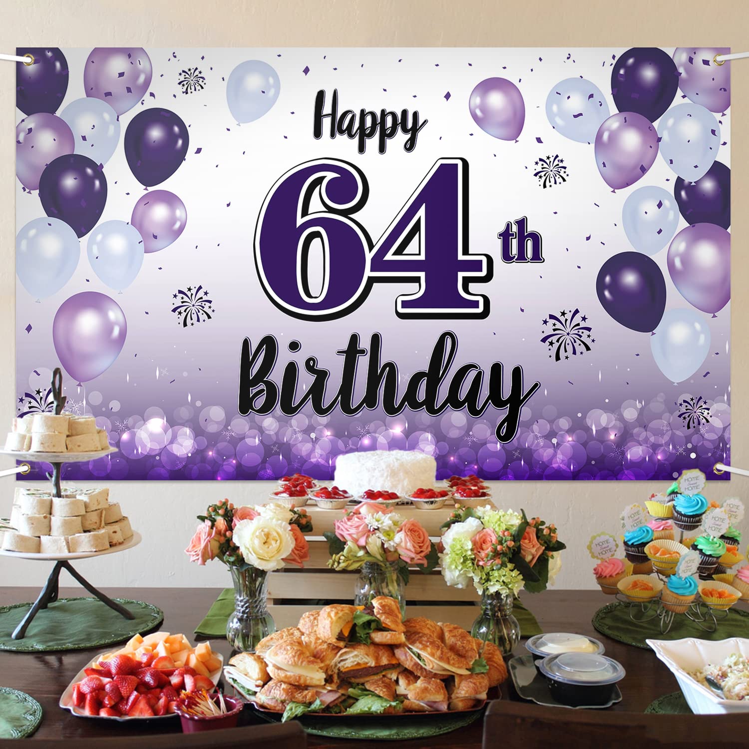 Laskyer Happy 64Th Birthday Decorations,64Th Purple Balloon Large Birthday Banner Backdrop Sign,64 Years Old Bday Party Supplies