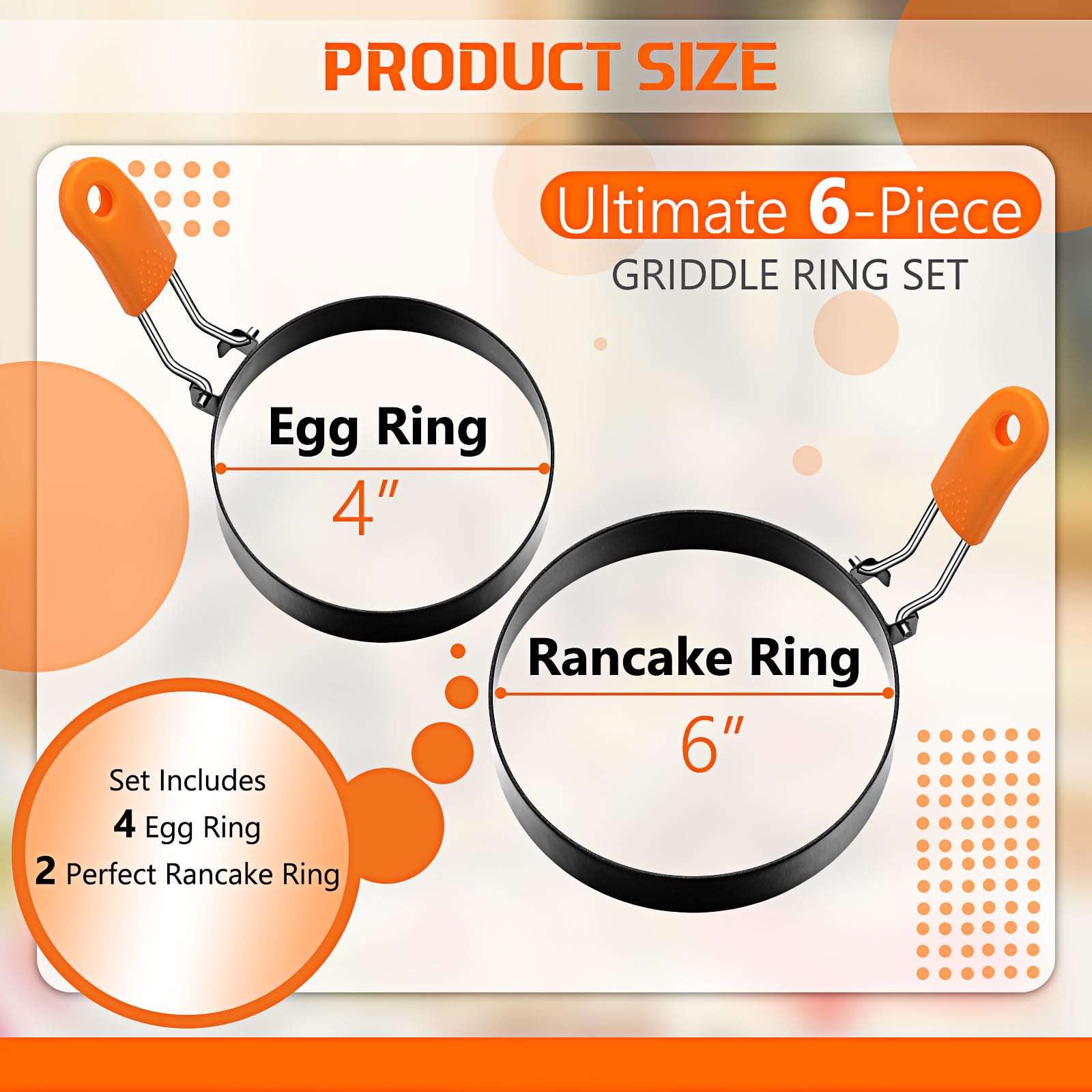 6 Pcs Professional Egg Ring Pancake Ring Set Stainless Steel Fried Egg Ring Griddle Pancake Shapers With Orange Silicone Handle