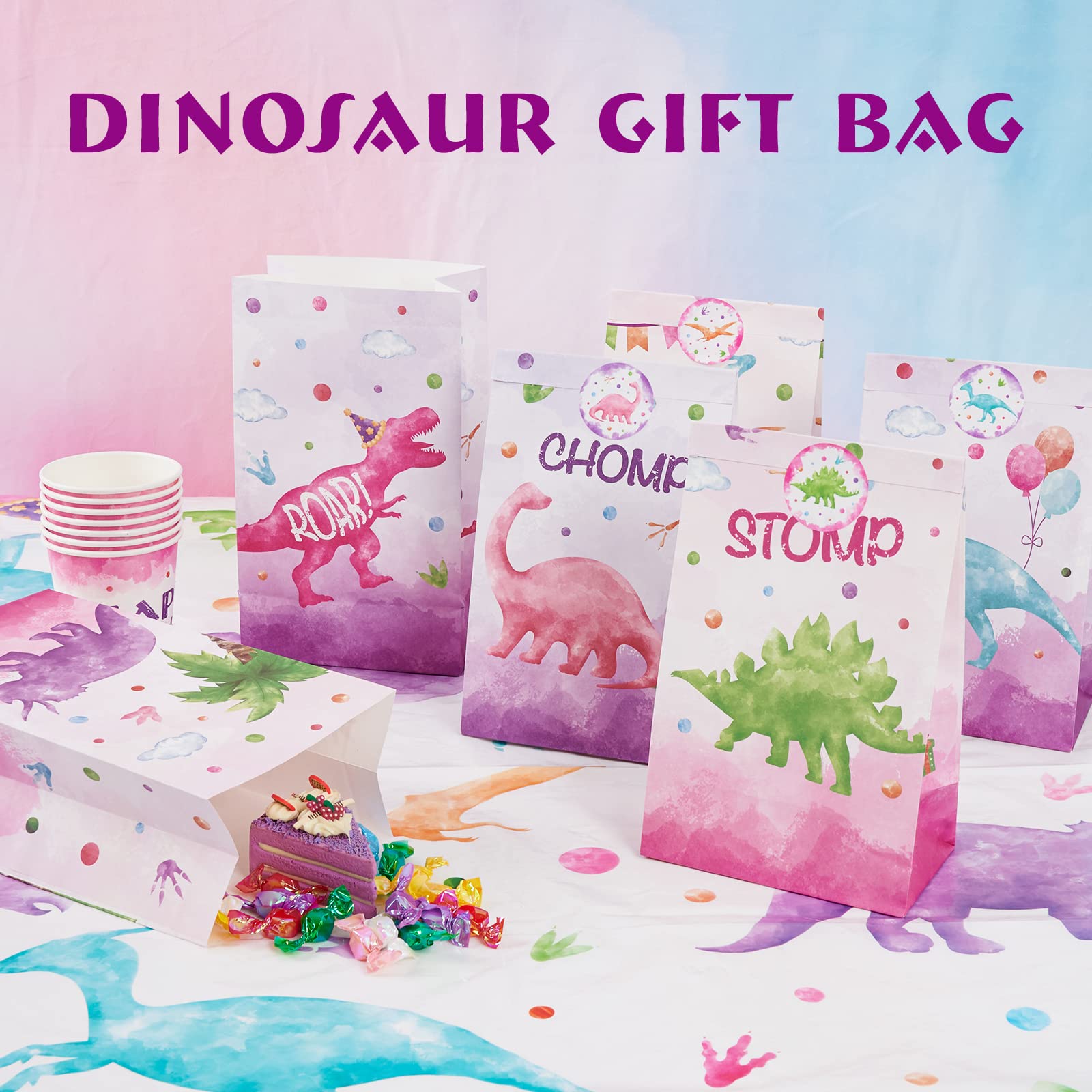 WERNNSAI Watercolor Dinosaur Goodie Bags - 24 PCS Dinosaur Party Supplies for Girls Kids Birthday Gift Bags Dino Theme Party Favors Candy Treat Bags with Stickers Baby Shower