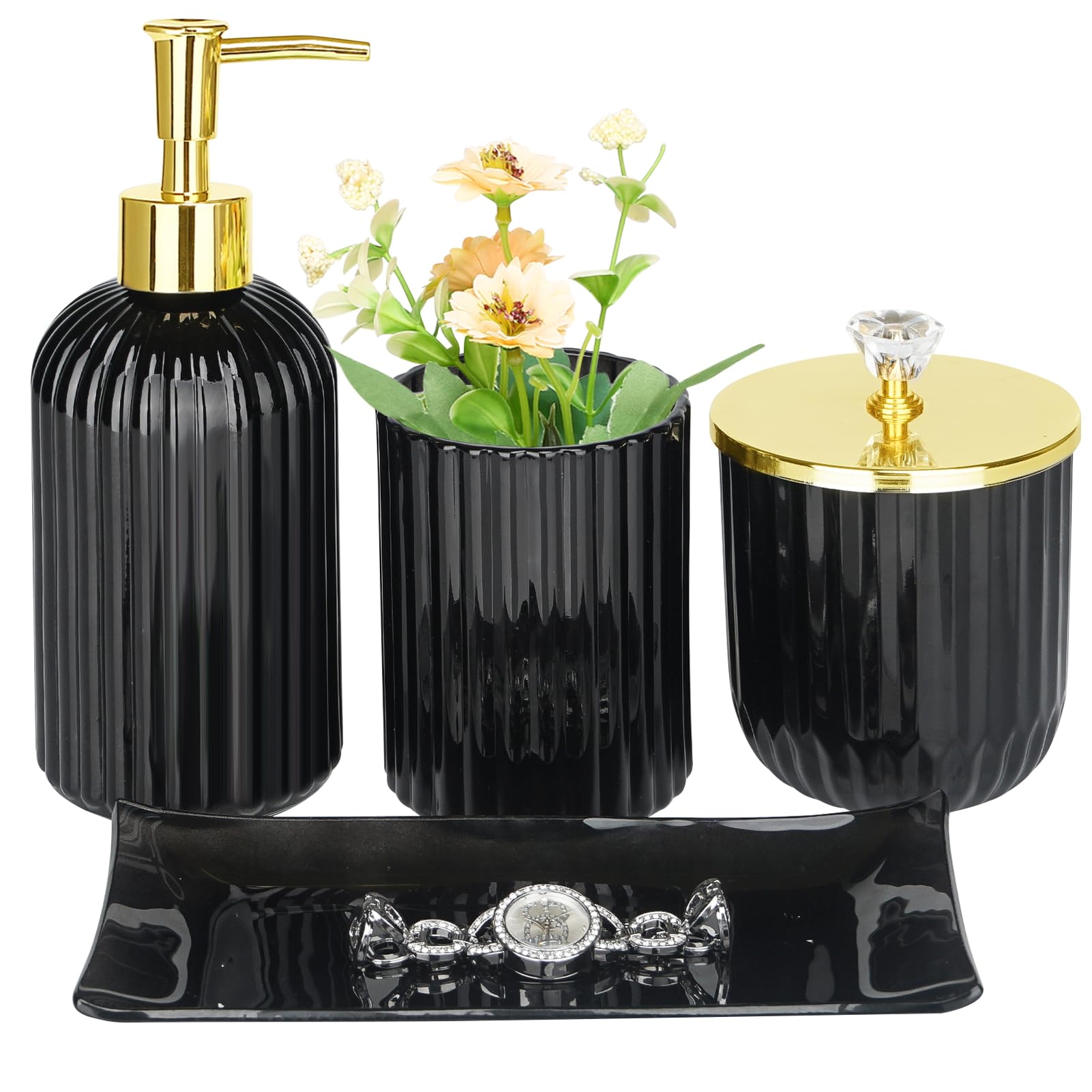 Haturi Bathroom Accessories Set, 4Pcs Black Glass Bathroom Accessories Sets Complete W/Lotion Soap Dispenser, Toothbrush Holder,