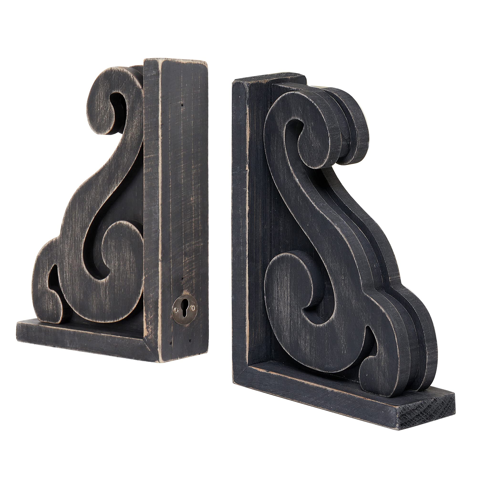 GENMOUS Rustic Distressed Vintage Scroll Corbel Bookends,Farmhouse Black Wood Decorative Bookends,Rustic Corbels Shelf Brackets,