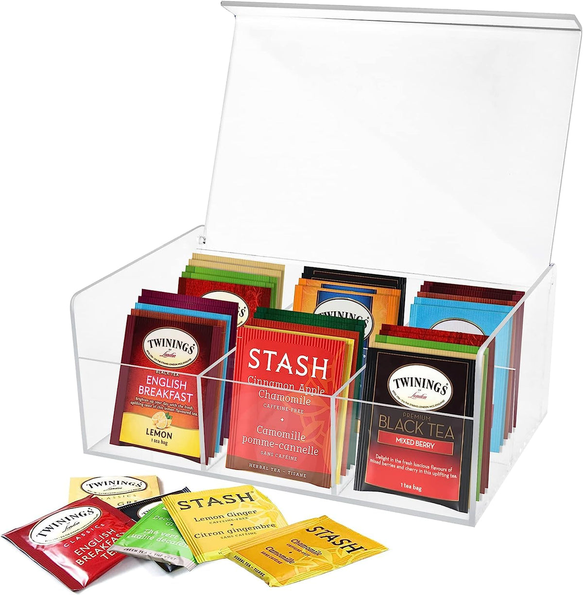 Royalhouse Acrylic Tea Bag Holder Storage Organizer, (Pack Of 3) 6 Compartment Bpa Free Clear Plastic Tea Box With Lid, Multi-Pu