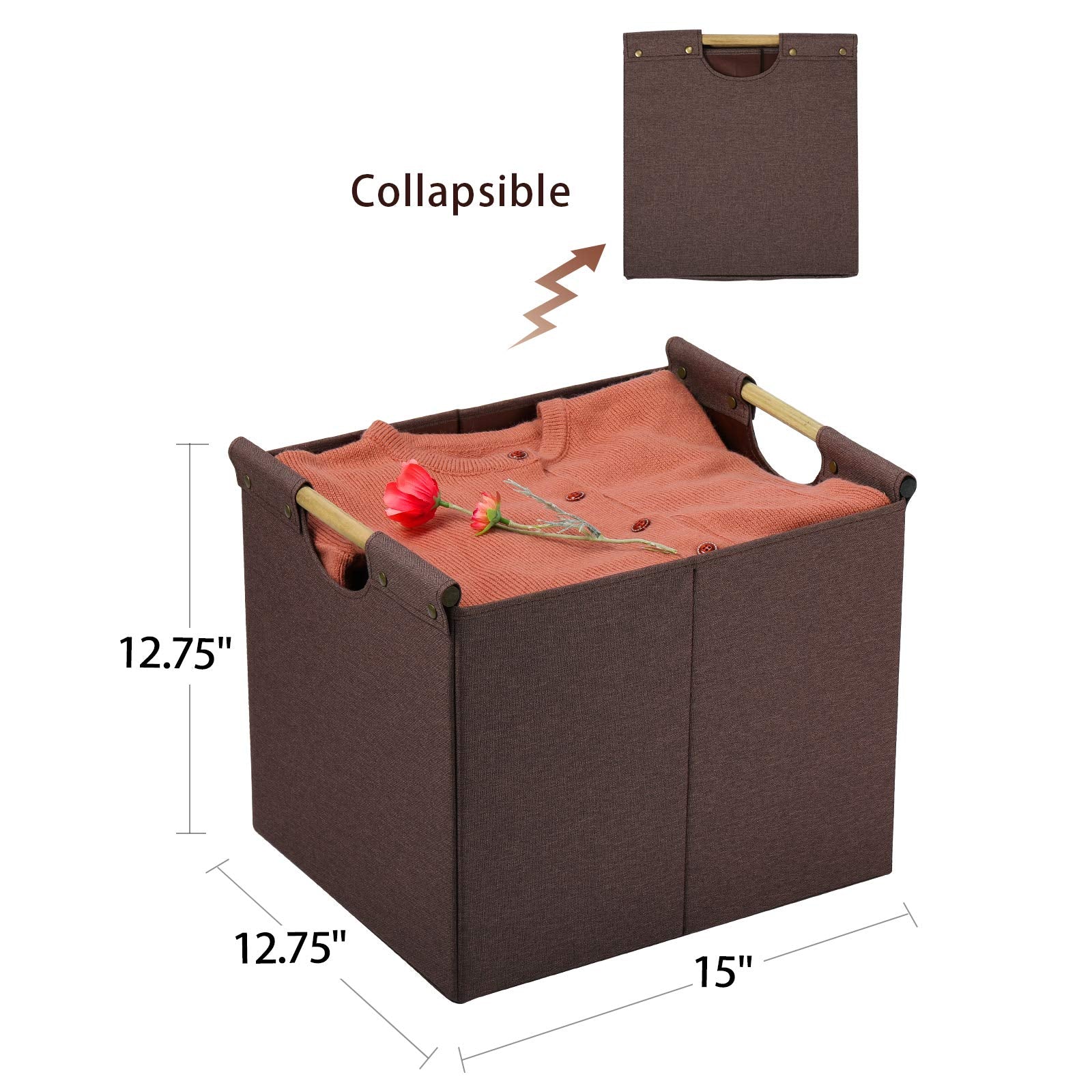 HOONEX Large Collapsible Storage Bins  Linen Fabric  2 Pack  Storage Baskets with Wooden Carry Handles and Sturdy Heavy Cardboard  for Home  Office  Car  Nursery  Brown