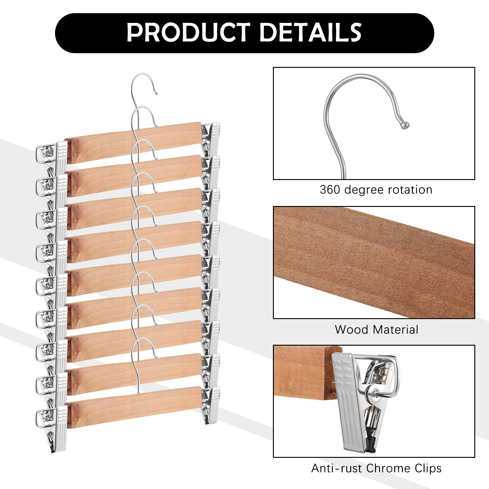 Weysat 40 Pcs Wooden Pants Hangers Bottom Hanger Bulk With 2 Adjustable Clips Anti Rust Hook 360 Swivel Hook Bottom Hangers Jean