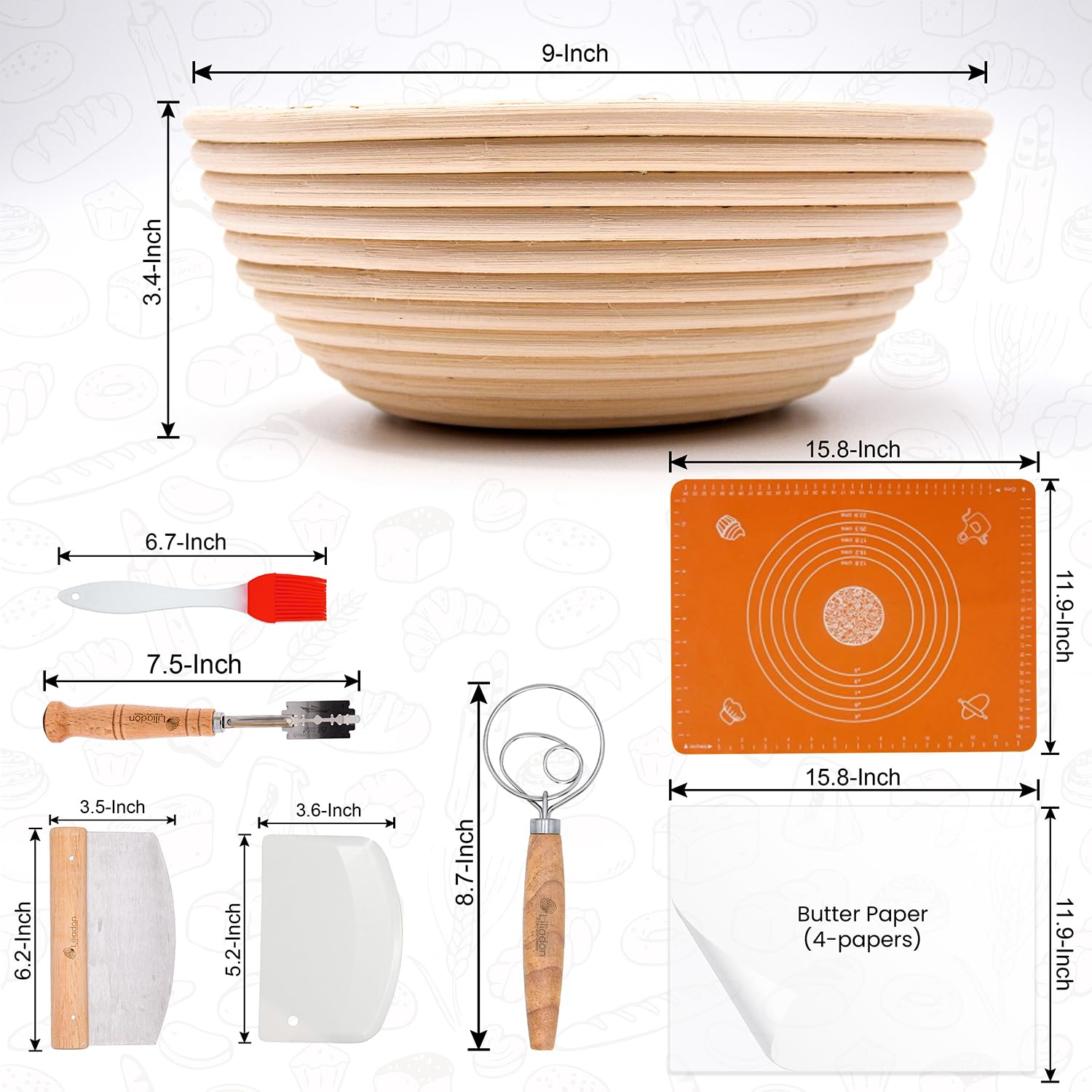 Liliadon Bread Proofing Basket Sourdough Bread Baking Supplies Starter Kit Set Of 11-2 Round 9 Inches Banneton Bread Proofing Ba