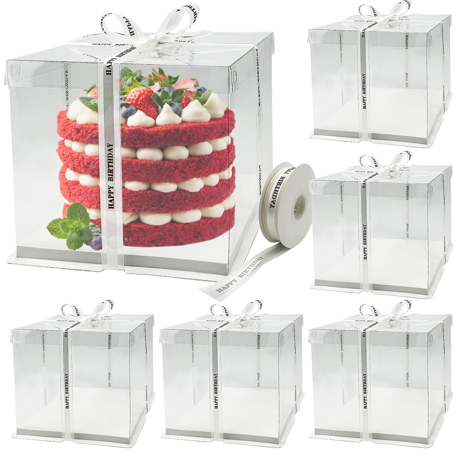 Seuqhck 6 Pack Clear Cake Box with Ribbon, 8 x 8 x 9 Inch Transparent Cake Carrier Transport Container, PET Bakery Take Out Tran