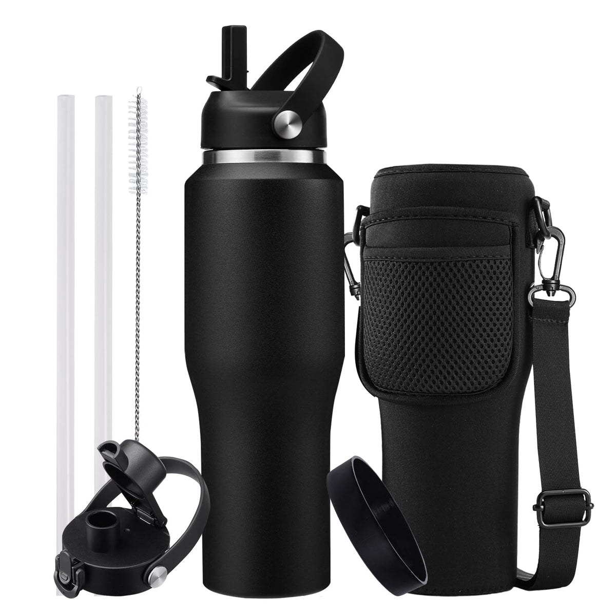 32Oz Insulated Water Bottle Tumbler With Straw - Auto Spout Lid, Protective Boot, Carrier Pouch, Vacuum Stainless Steel Water Bo