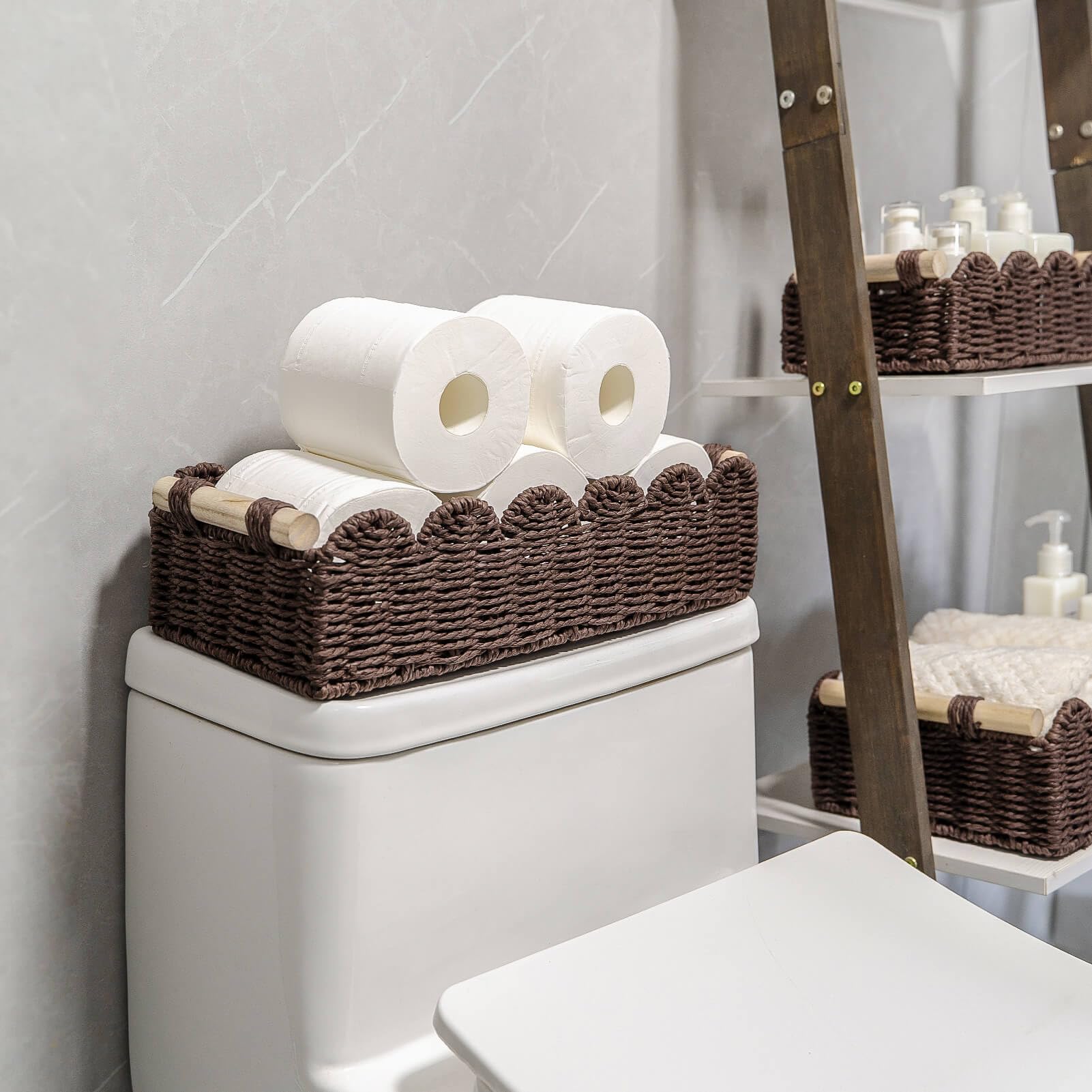 CubesLand Paper Rope Scalloped Edge Shelves Storage Basket, Woven Toilet Paper Baskets for Over Toilet Storage Shelf, Ending Tab