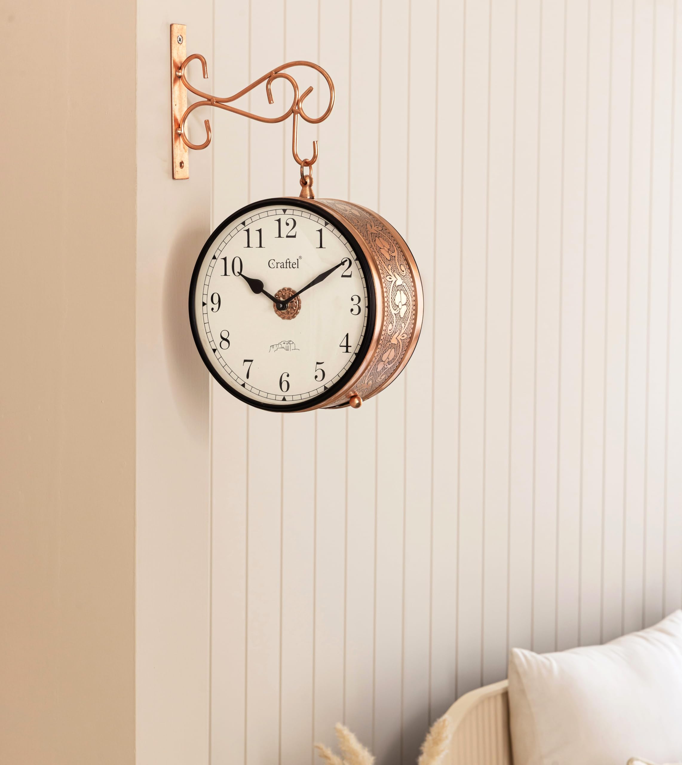 CRAFTEL Metal Analog Double Sided Vintage Station Wall Clock with Brass in dial (Dial - 8 Inches, Rose Gold)
