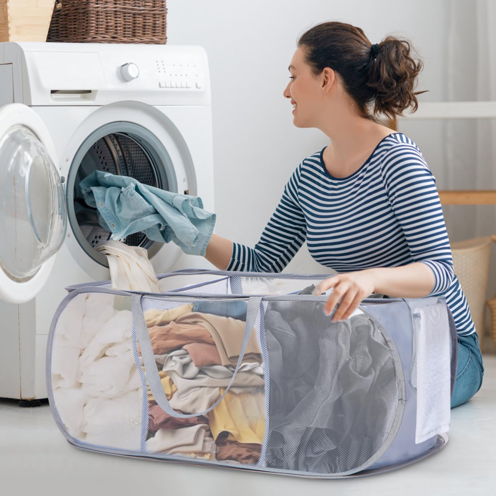 Durable Collapsible Laundry Baskets, Foldable Pop Up Laundry Hamper, Sturdy 3 Compartments Laundry Basket, Handy Pocket & Easy T