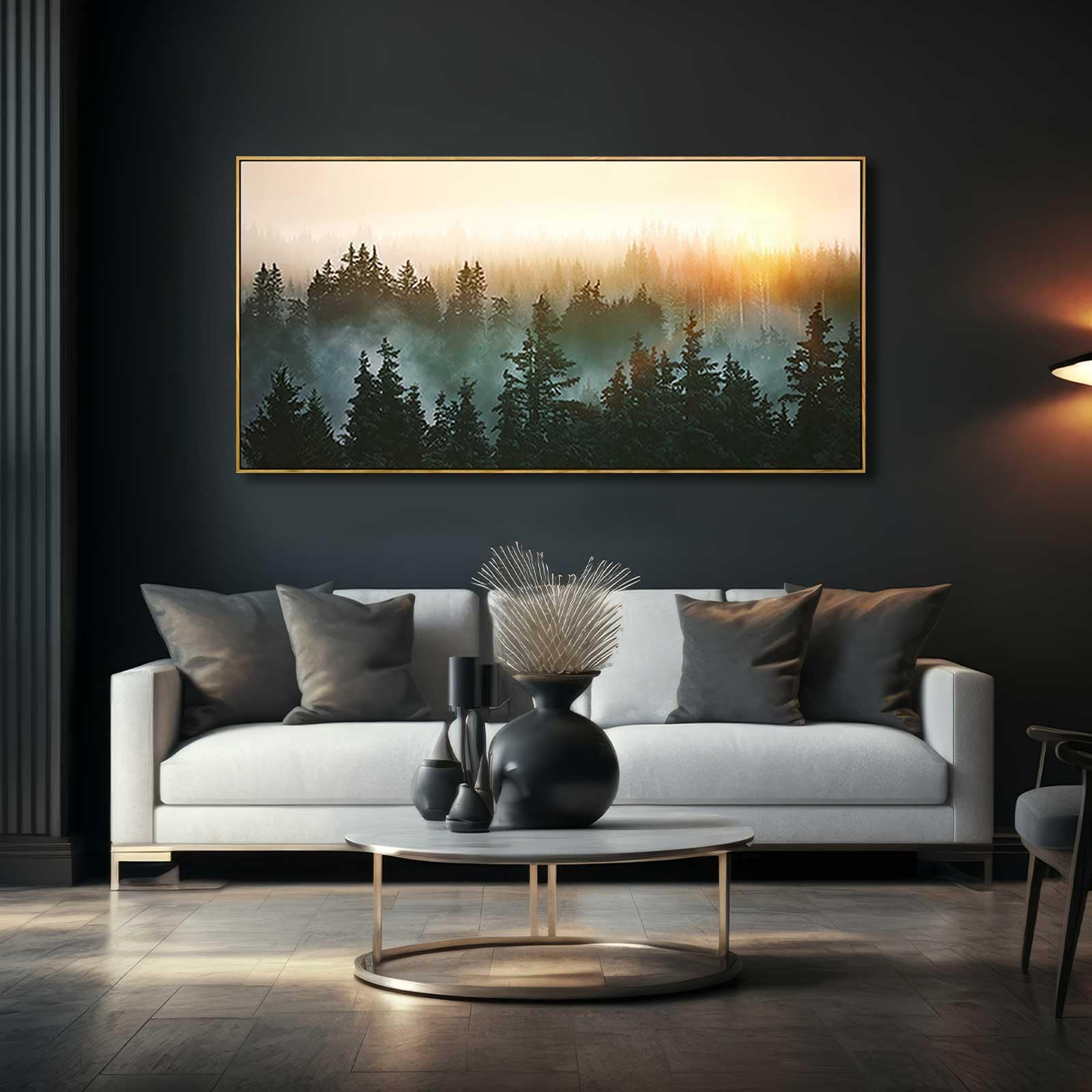 Living Room Wall Art Sunrise Misty Forest 24''X48'' Modern Home Wall Decor Plants Wall Decorations Framed Artwork For Bedroom Di