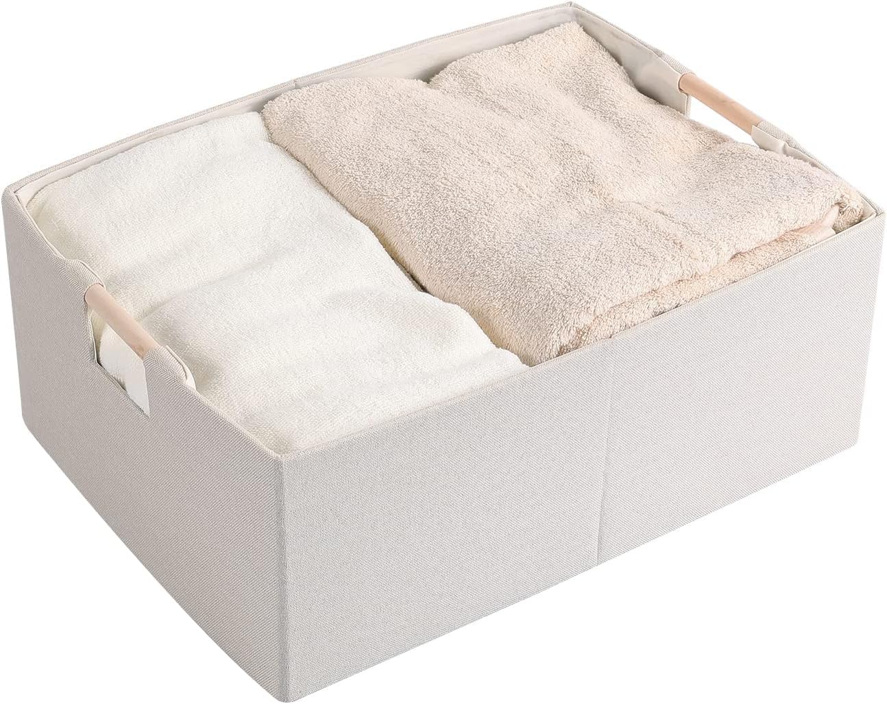Lamor  E Fabric Storage Bin Box Foldable Cotton Linen Storage Basket With Wooden Handles Rectangular Cube Decorative Home Laundr