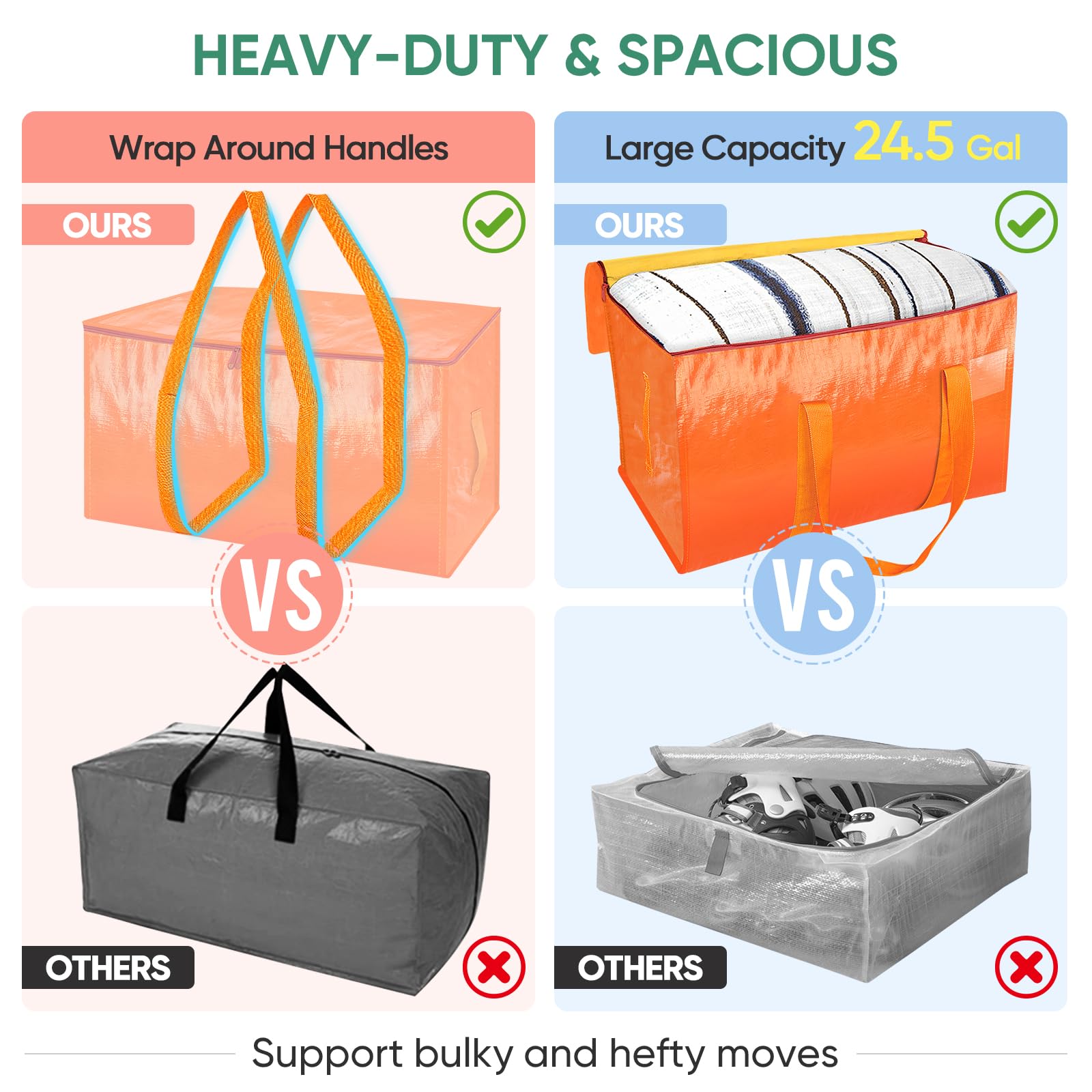 Baleine 4-Pack Oversized Moving Bags With Reinforced Handles, Heavy-Duty Storage Tote For Clothes, Moving Supplies (Orangel, 4-P