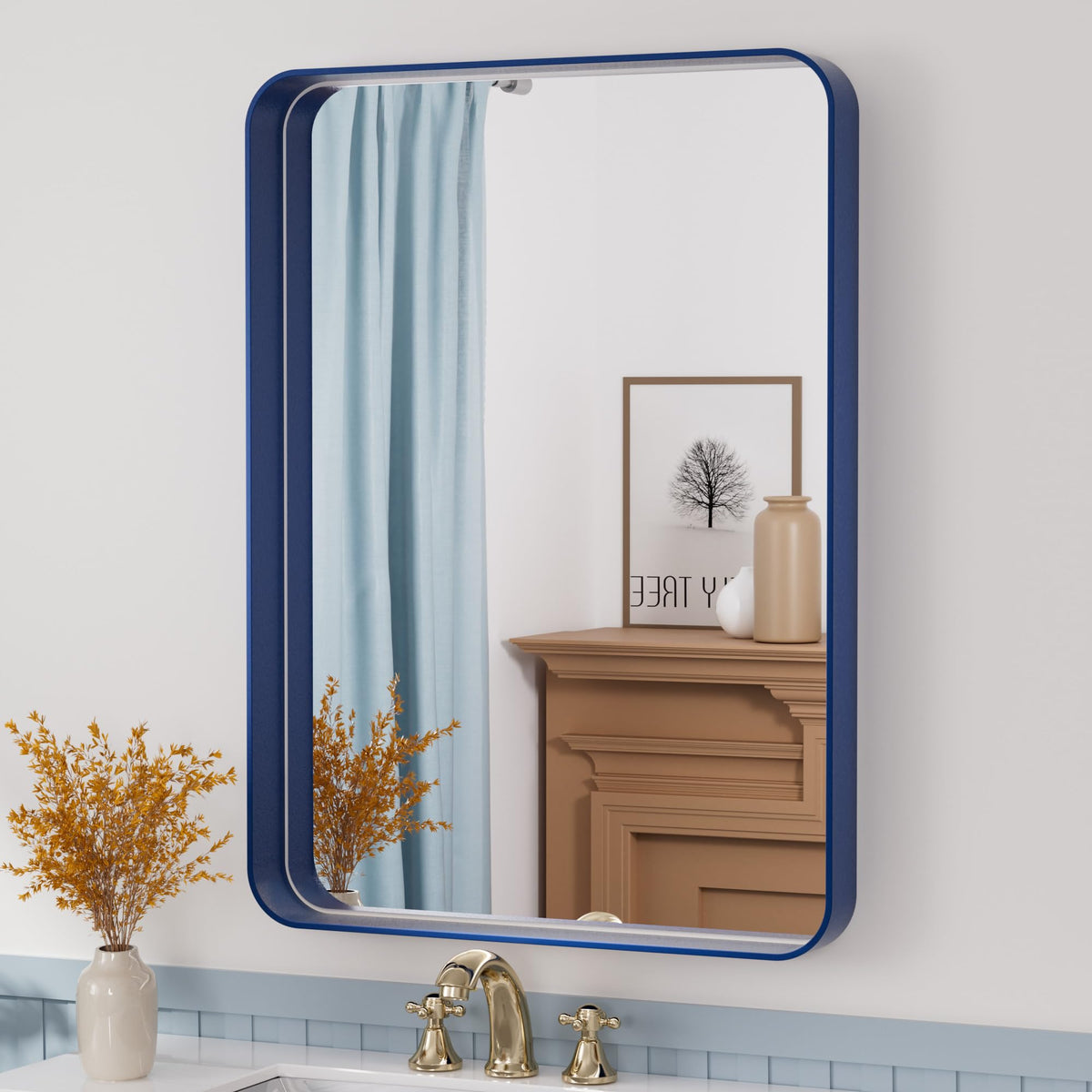 Tetote 22 X 30 Navy Blue Mirror For Bathroom Metal Frame Wall Mounted Rectangle Mirror For Vanity With Sandy Textured Surface(Ho
