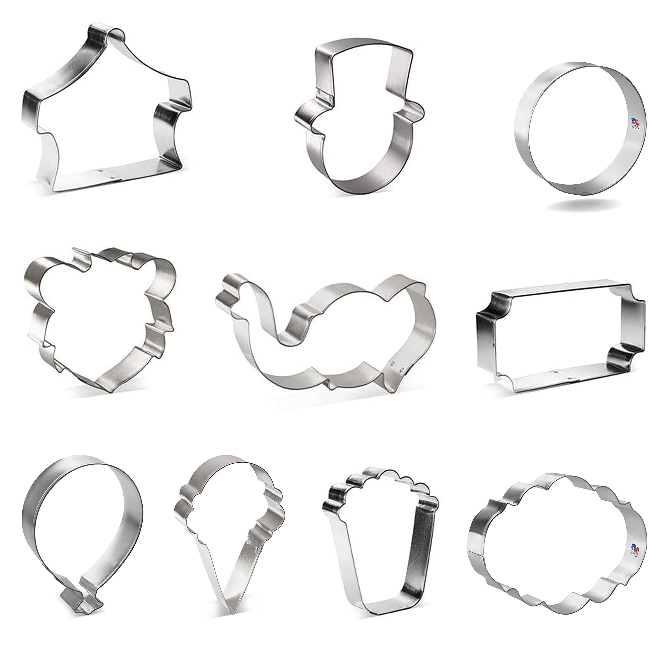 Circus Birthday Cookie Cutter 10 Pc Set - Tent, Ringmaster, Ball, Lion Face, Elephant Face, Ticket Plaque, Ferris Wheel, Ice Cre