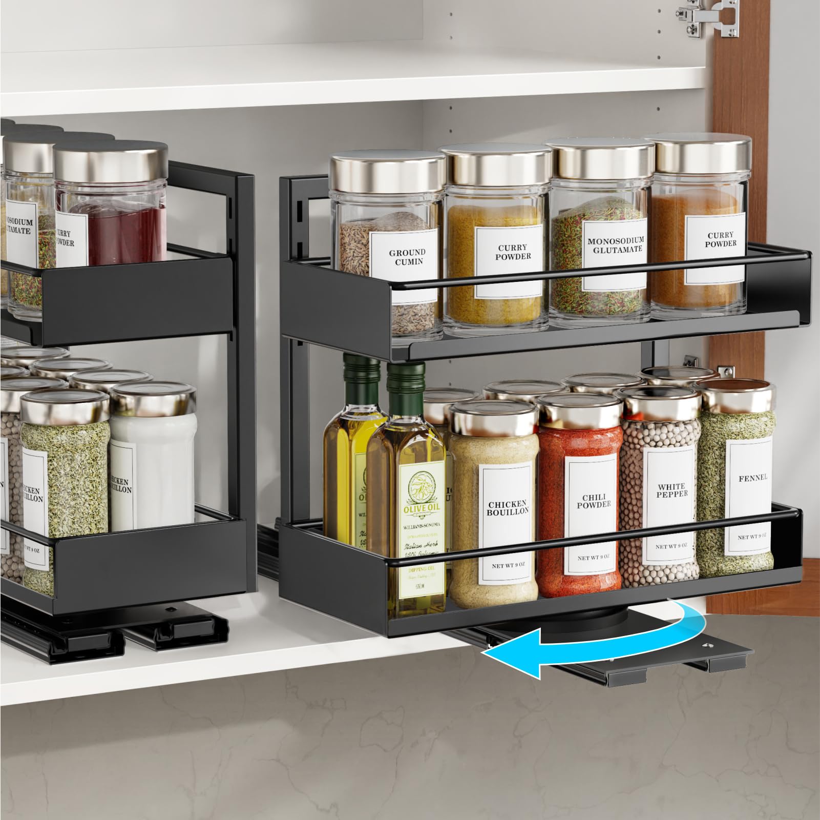 Ispecle Spice Rack Organizer For Cabinet  2 Pack Pull Out Spice Racks Rotate For Easy Access, Adjust Height To Fit 4 Oz To 8 Oz