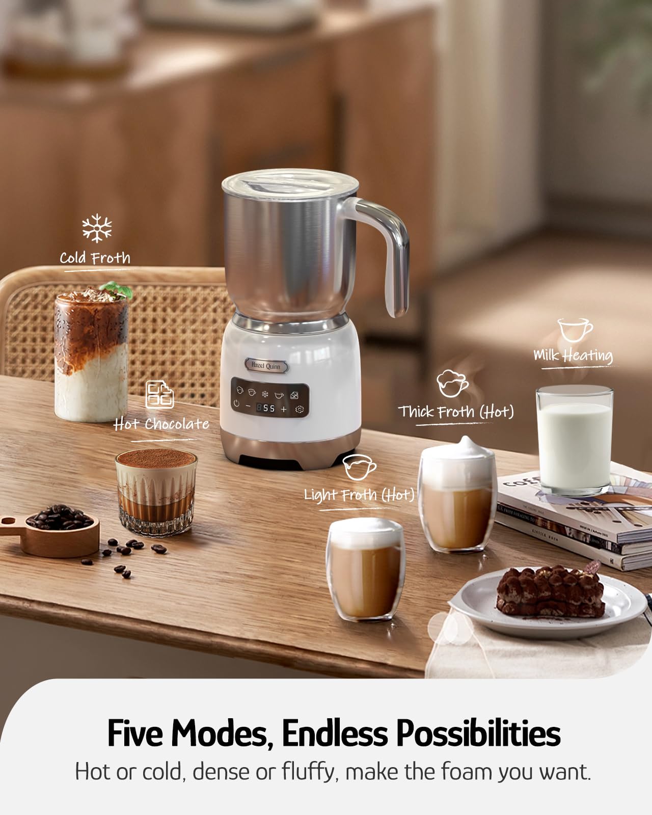 Hazel Quinn Milk Frother - 5 Functions, 400ml, Stainless Steel, Pearl White, Model XQP001, Dishwasher Safe for Hot & Cold Beverages