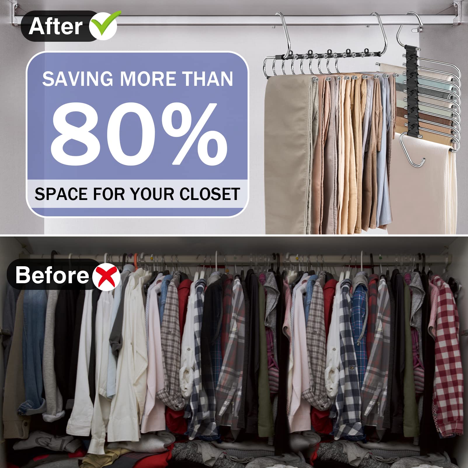 Upgrade 9 Layers Pants Hangers Space Saving, 2 Pack Non Slip Stainless Steel Multifunctional Pants Rack Closet Pant Hanger Organ