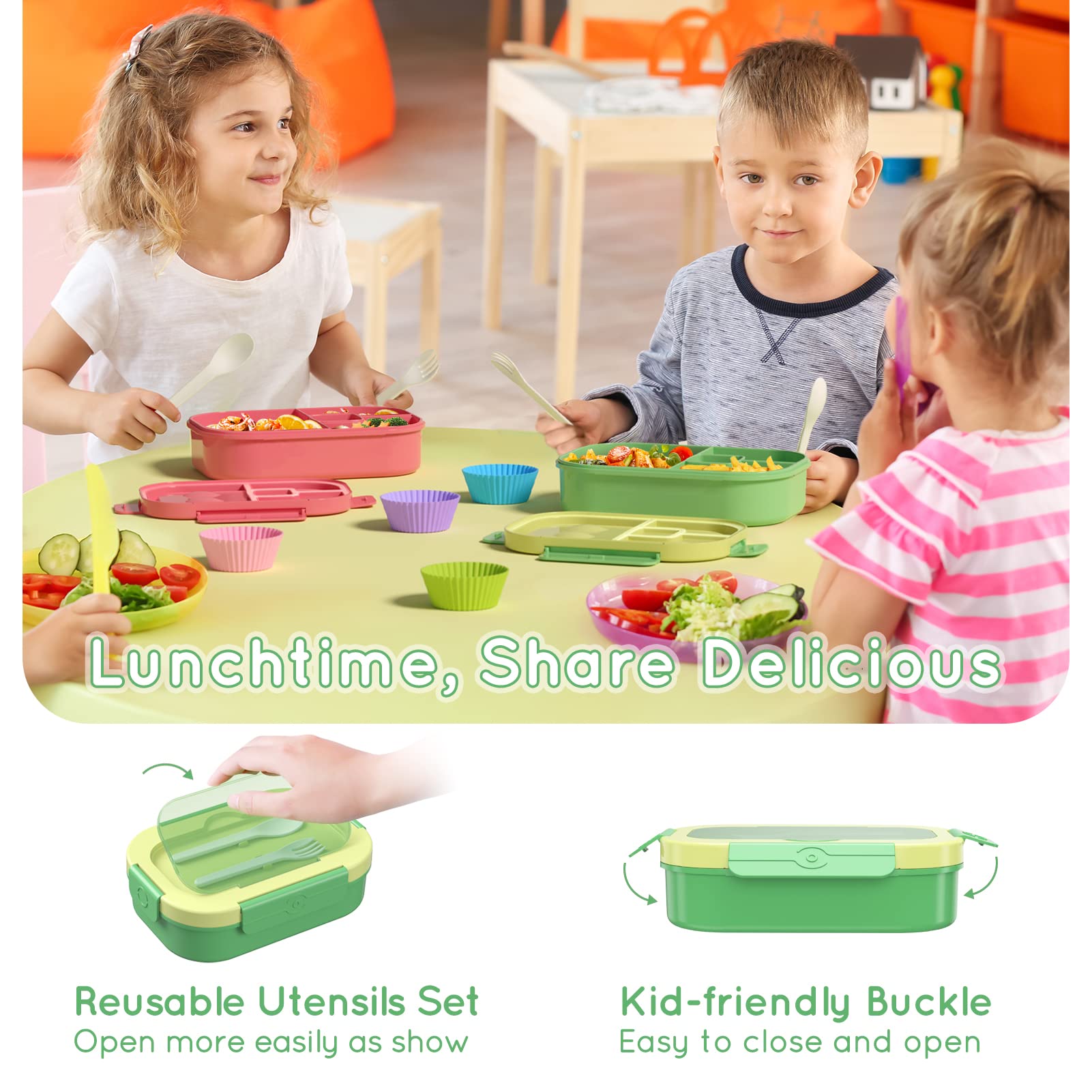 Time4Deals Bento Lunch Box Leakproof 44Oz Kids Lunch Box Containers With 4 Compartment, Bento-Style Lunch Bento Box With Cutlery