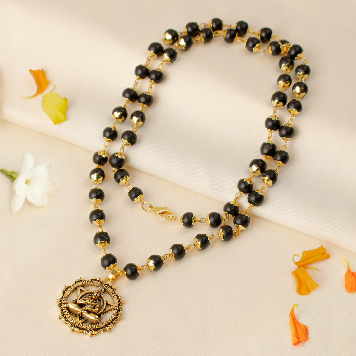 7Mm Golden Capped Karungali Mala With Hanuman Pendant