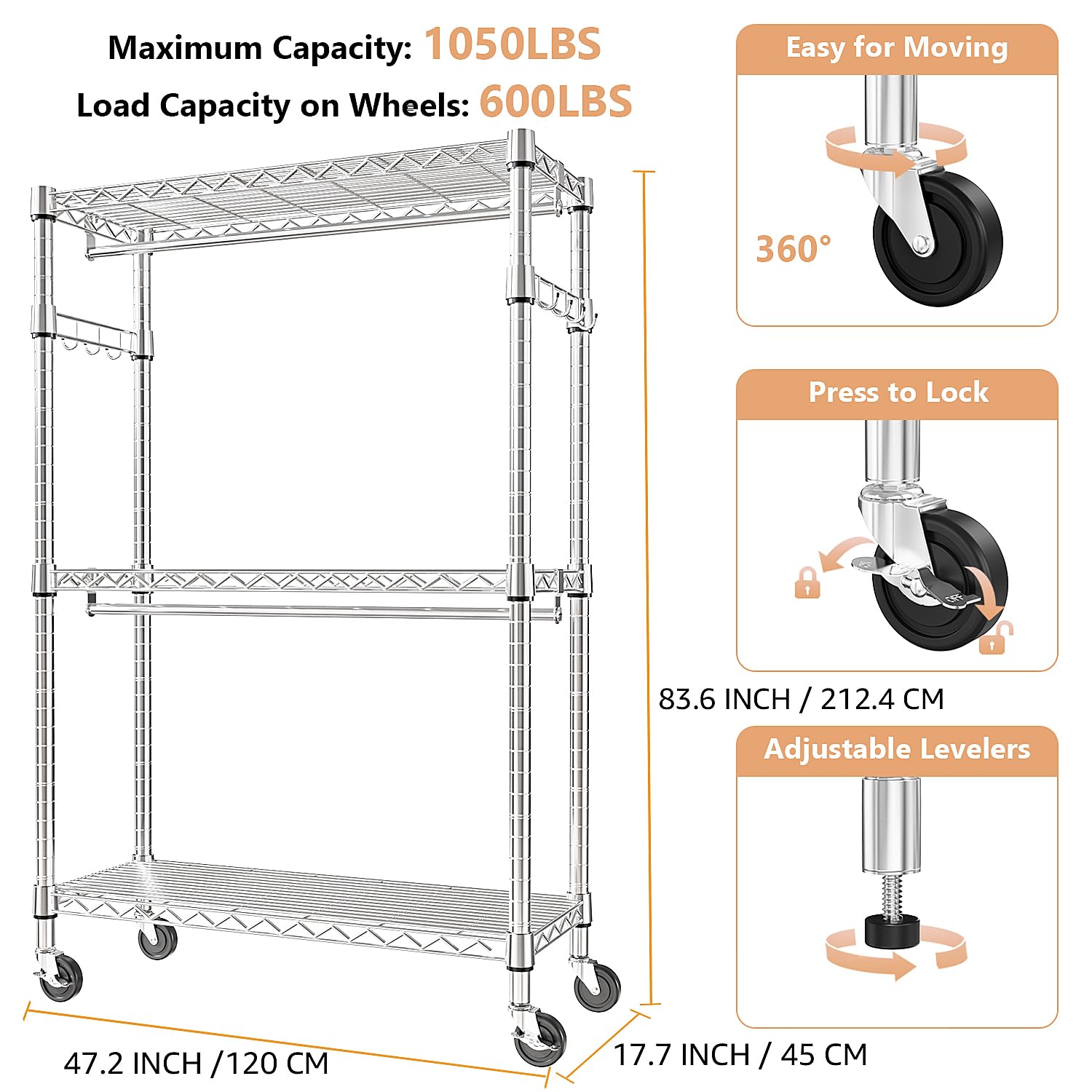Mzg Heavy Duty Rolling Garment Rack 3 Tiers Adjustable Wire Shelving Clothes Rack With 2 Rods And Side Hooks, Storage Closet Clo