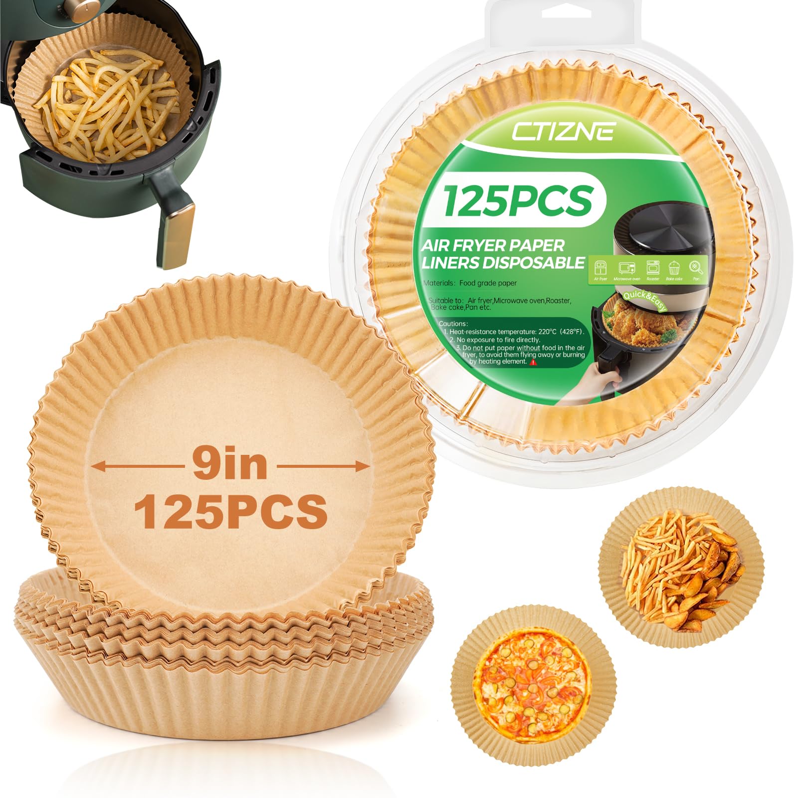 Ctizne Disposable Air Fryer Paper Liners, 125Pcs 9 Inches Large Round Air Fryer Basket Liners, Non-Stick Food Grade Parchment Pa