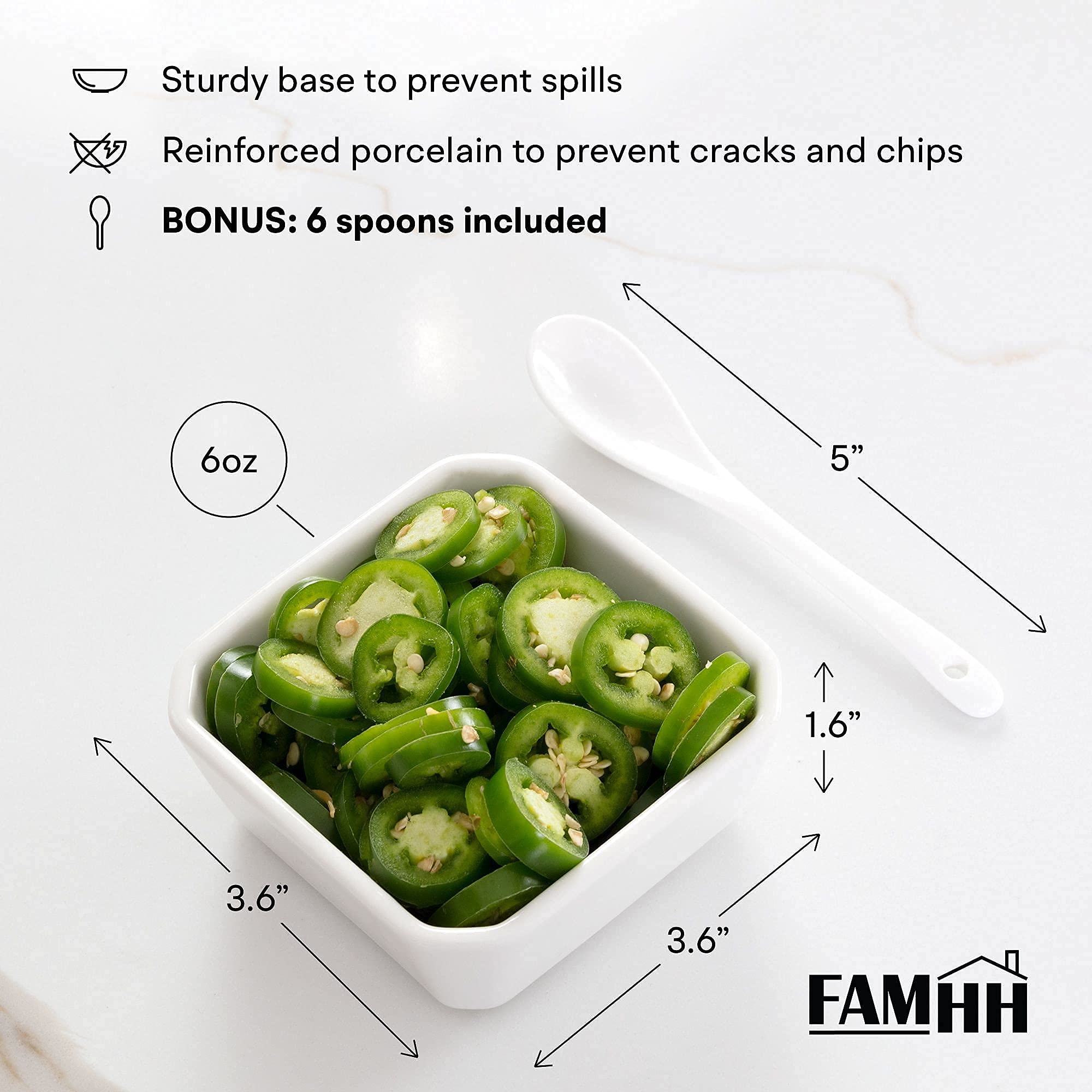 Famhh 6 Oz White Porcelain Serving Bowls Set - 6 Small Bowls And 6 Serving Spoons - Sturdy, Oven- And Dishwasher-Safe Ceramic Co
