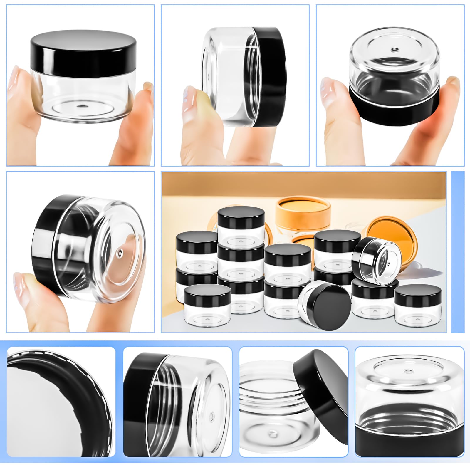 Motbach 40 Pcs 15G Empty Plastic Containers With Black Lids,Small Makeup Sample Containers,0.5Oz Small Sample Pot Jars Round Tra