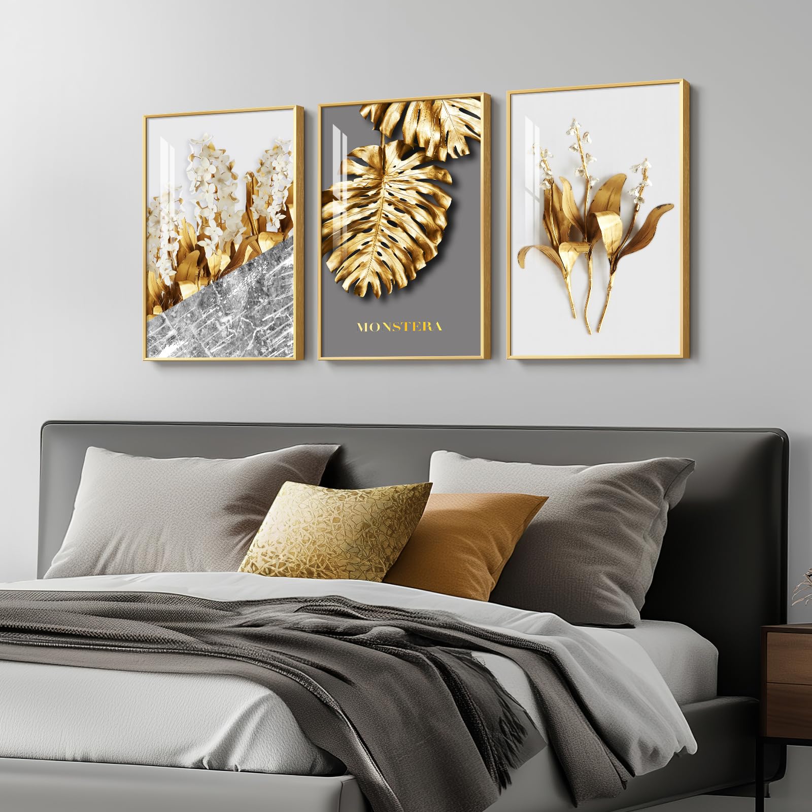 Framed Modern Luxury Gold Wall Art, Set Of 3 Piece Contemporary Paintings Artwork For Walls, Golden Leaf Prints With Gold Frame,