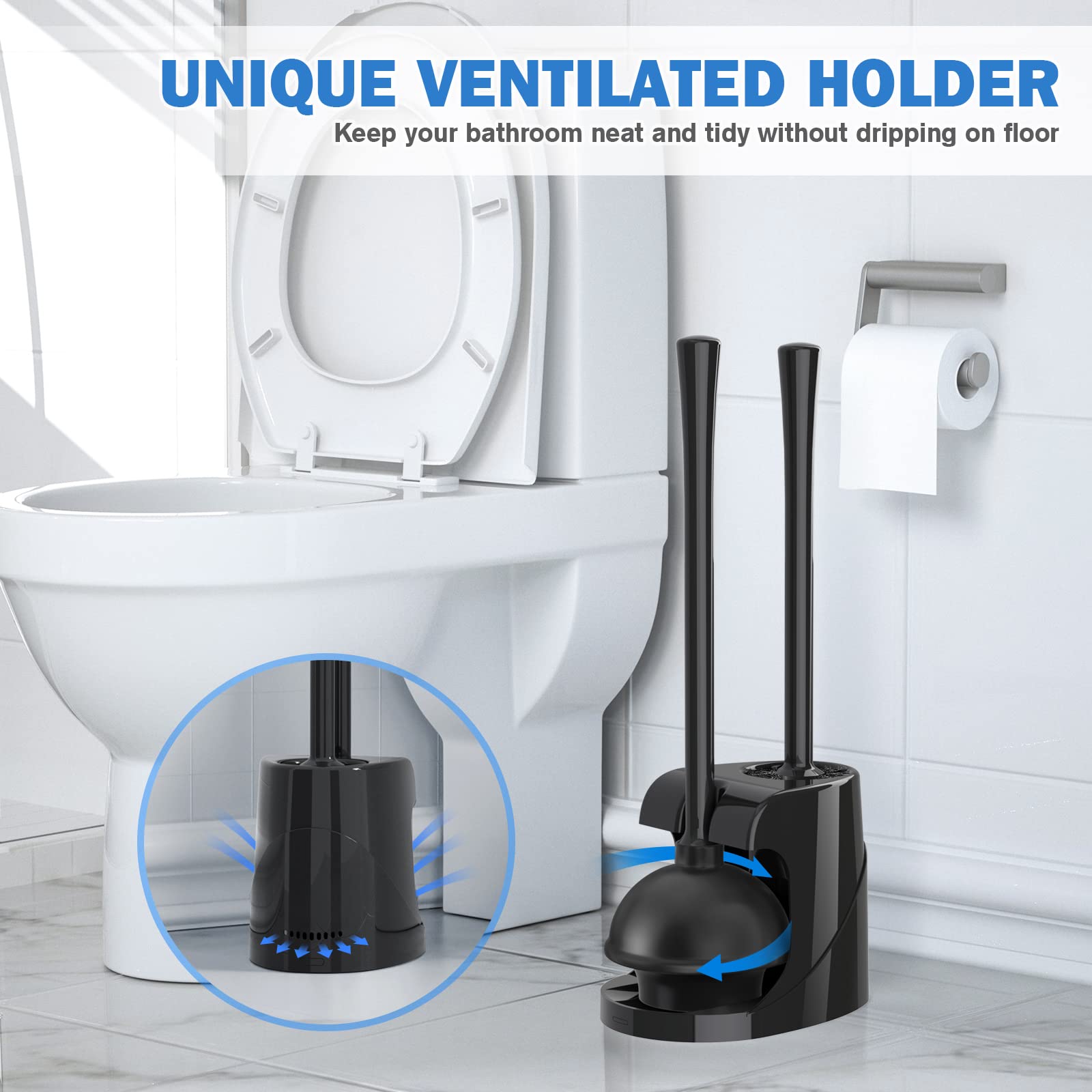 Toilet Plunger and Brush  Bowl Brush and Heavy Duty Toilet Plunger Set with Ventilated Holder  2-in-1 Bathroom Cleaning Combo with Modern Caddy Stand (Black)