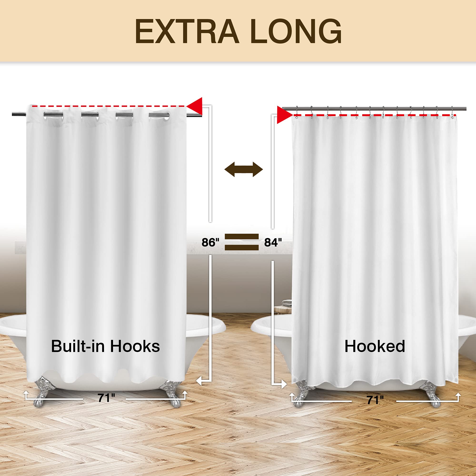 Extra Long No Hook Shower Curtain Tpu Lining & No Required Liner, 71'' X 86''(84'') Hotel Fabric Shower Curtain For Bathroom, Bo