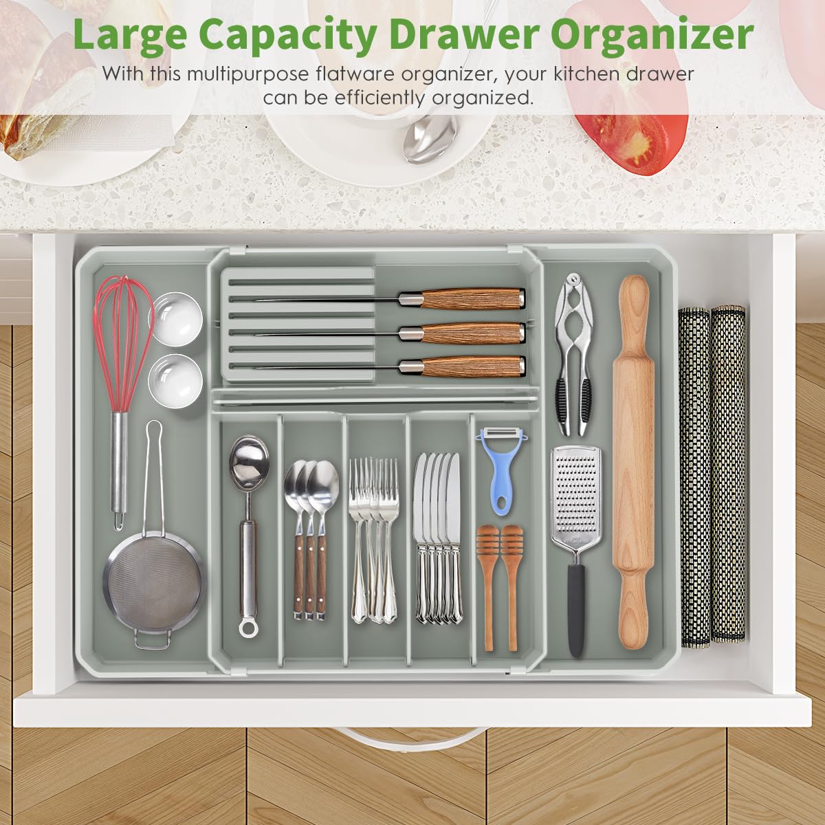 Fifame Silverware Drawer Organizer, Expandable Kitchen Utensil Organizer, Larger Capacity Flatware And Cutlery Tray, Multi-Purpo