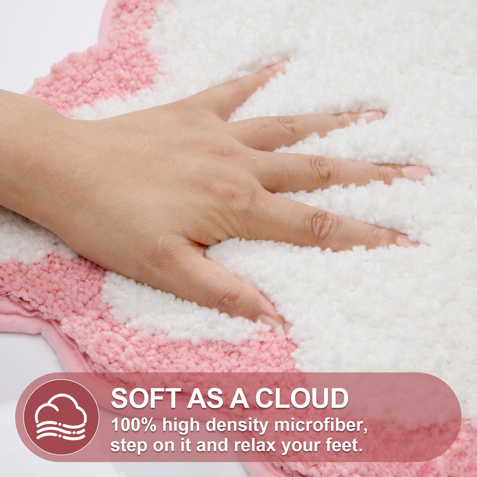 Ortigia Long Cute Scalloped Bathroom Rugs Runner, Fun White And Pink Plush Microfiber Scallop Bath Mats Non Slip Washable Quick