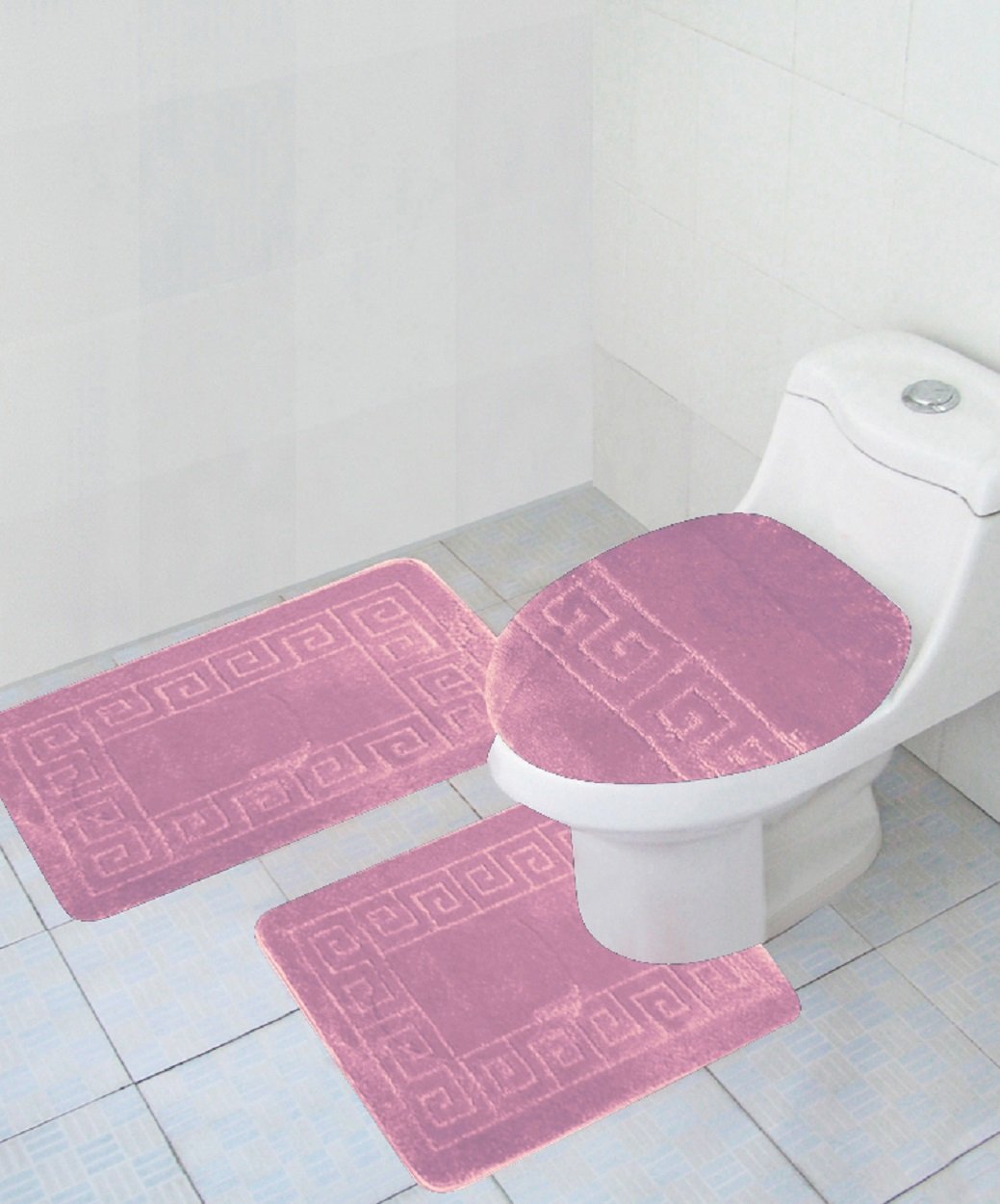 Wpm World Products Mart 3 Piece Bath Rug Set Pattern Bathroom Rug (20''X32'')/Large Contour Mat (20''X20'') With Lid Cover (Pink