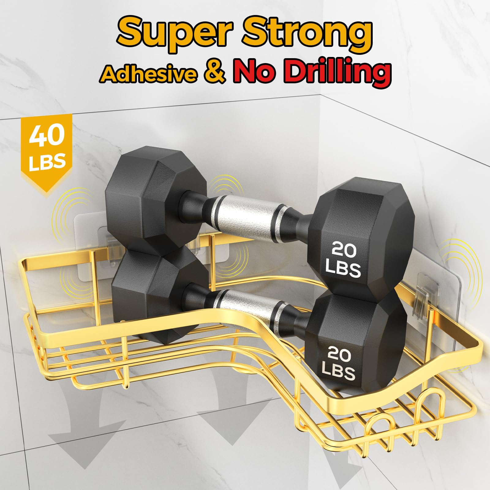 Bathroom Stars Gold Corner Adhesive Shower Caddy,Rustproof Stainless Steel Corner Shower Shelves For Bathroom Kitchen, No Drilli