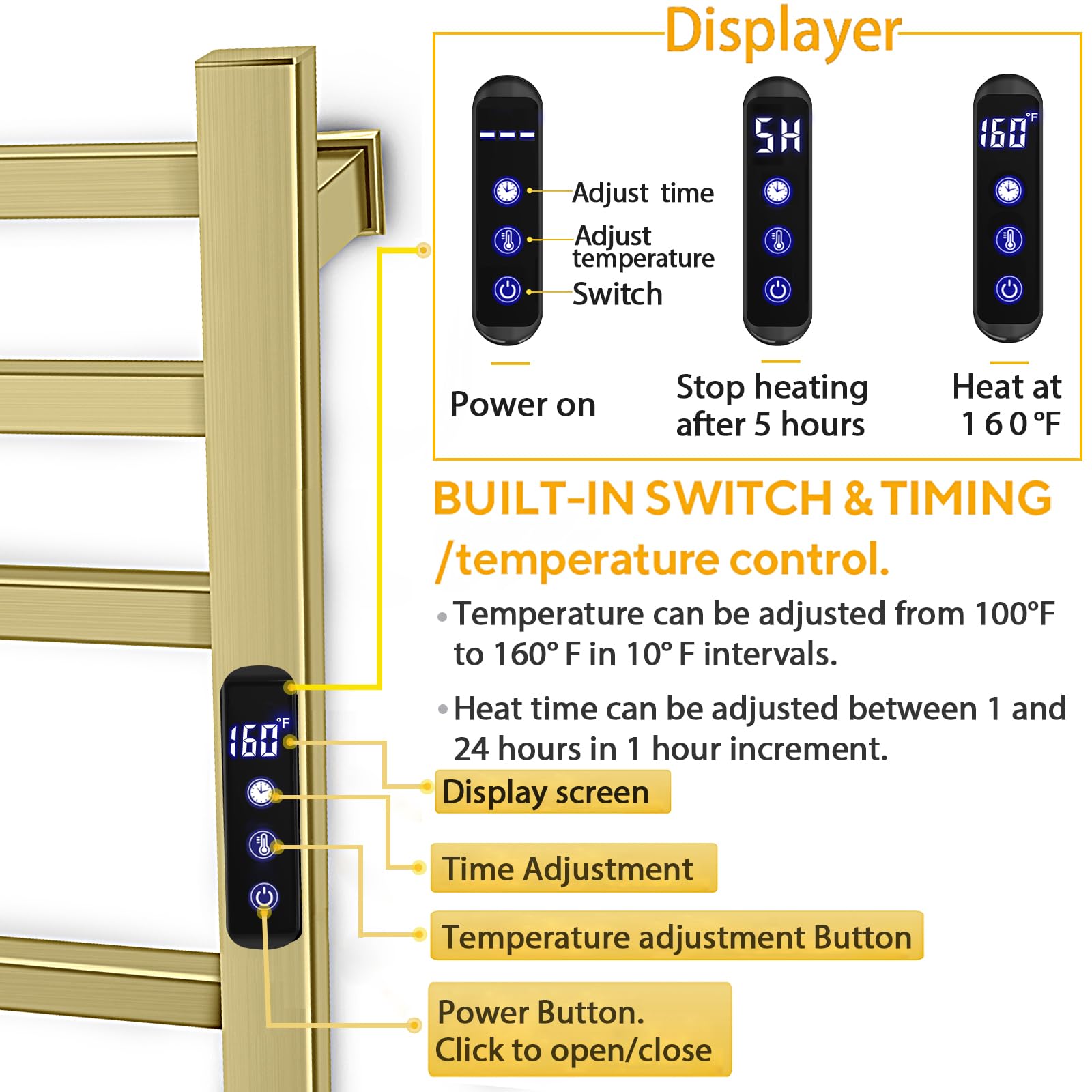 Xbvv Towel Warmer Rack For Bathroom With Timer/Fahrenheit Temperature Control Wall Mounted Electric Heated 10 Bar Rail Plug-In O