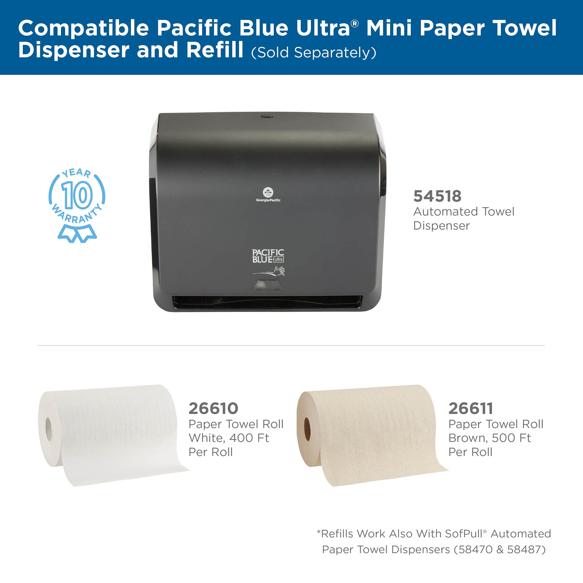 Pacific Blue Ultra 9  Paper Towel Roll By Gp Pro (Georgia-Pacific), Brown, 26611, 500 Feet Per Roll, 6 Rolls Per Case